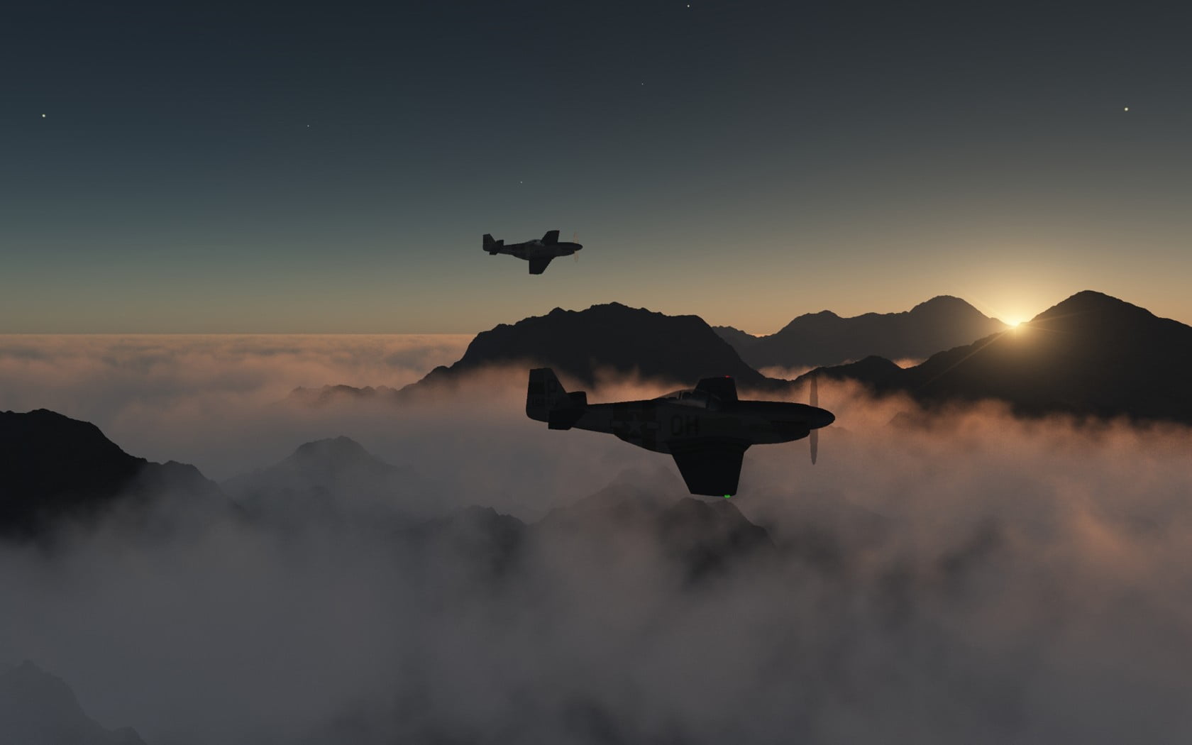 sunset, 720P, outdoors, two, nature, aircraft, one animal, mid-air, silhouette, animals in the wild, mountain, North American P-51 Mustang, vertebrate, HD Wallpaper