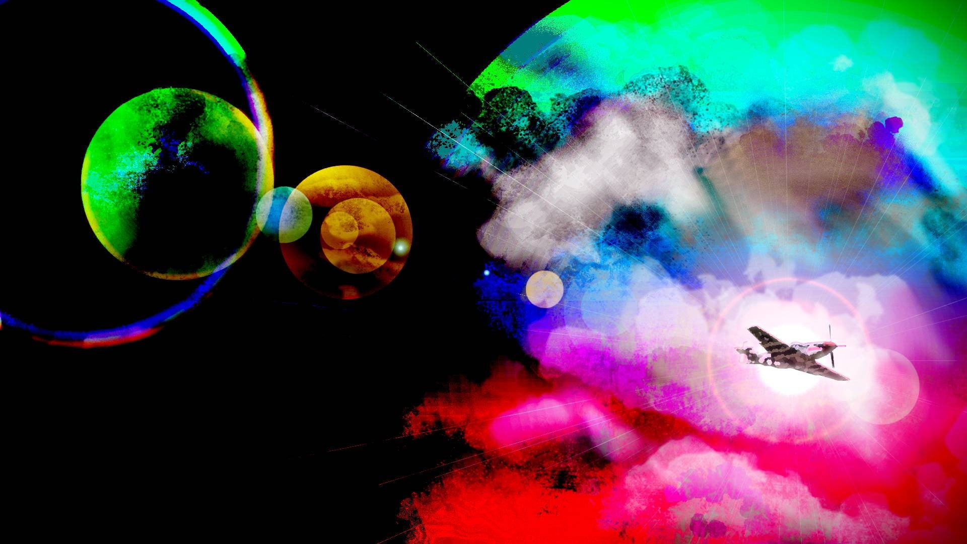 purple, arts culture and entertainment, celebration, black background, airplane, no people, sphere, indoors, bubble, green color, creativity, illuminated, HD Wallpaper