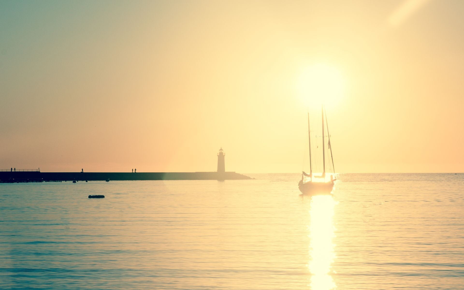 idyllic, horizon over water, tranquil scene, scenics - nature, transportation, no people, sunset, orange color, water, 1080P, waterfront, reflection, lens flare, HD Wallpaper