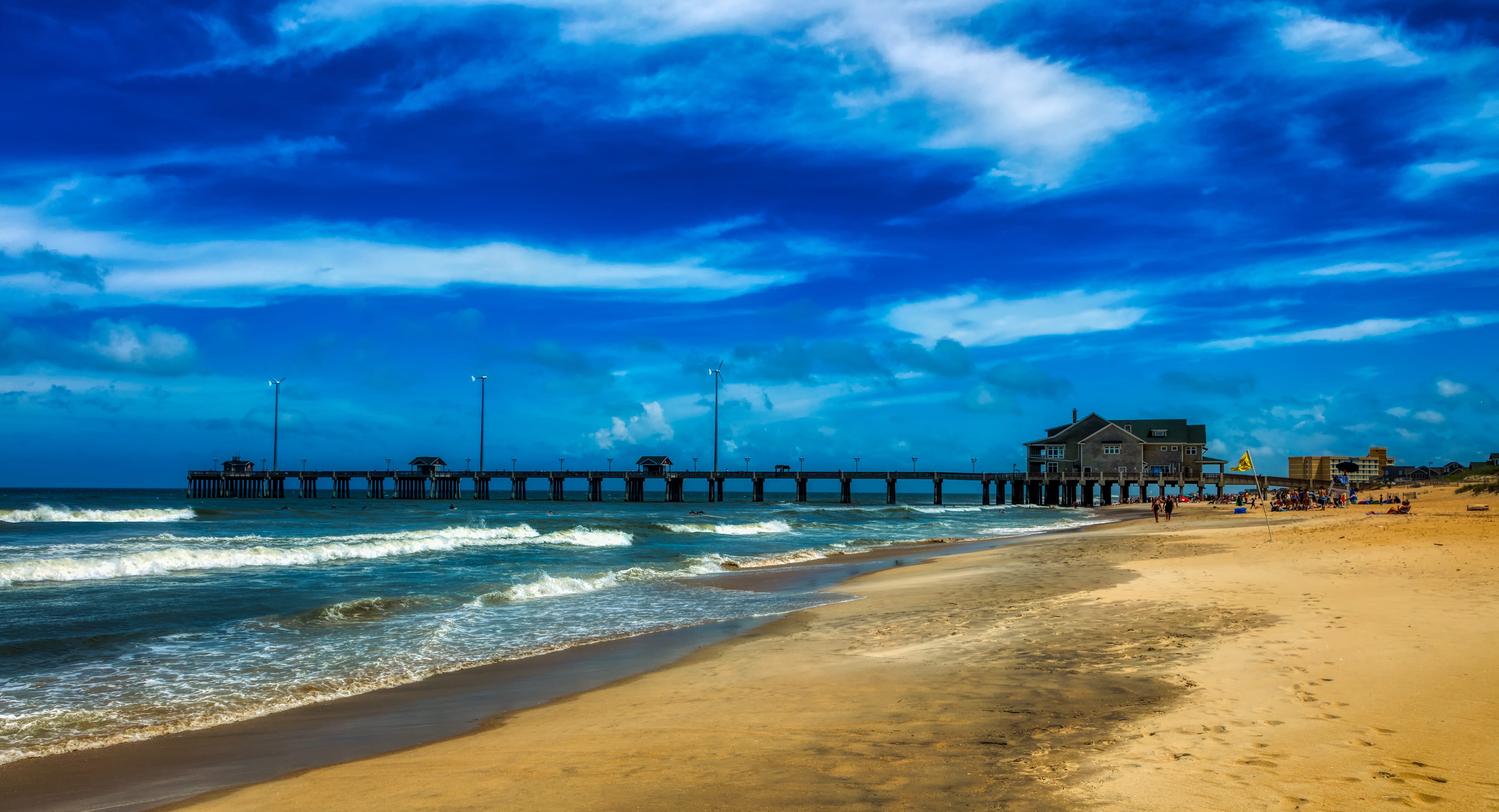 horizon over water, dusk, waves, sand, pier, nags head, sea, water, 4K, scenics - nature, panorama, jennettes pier, built structure, seashore, tourism, HD Wallpaper