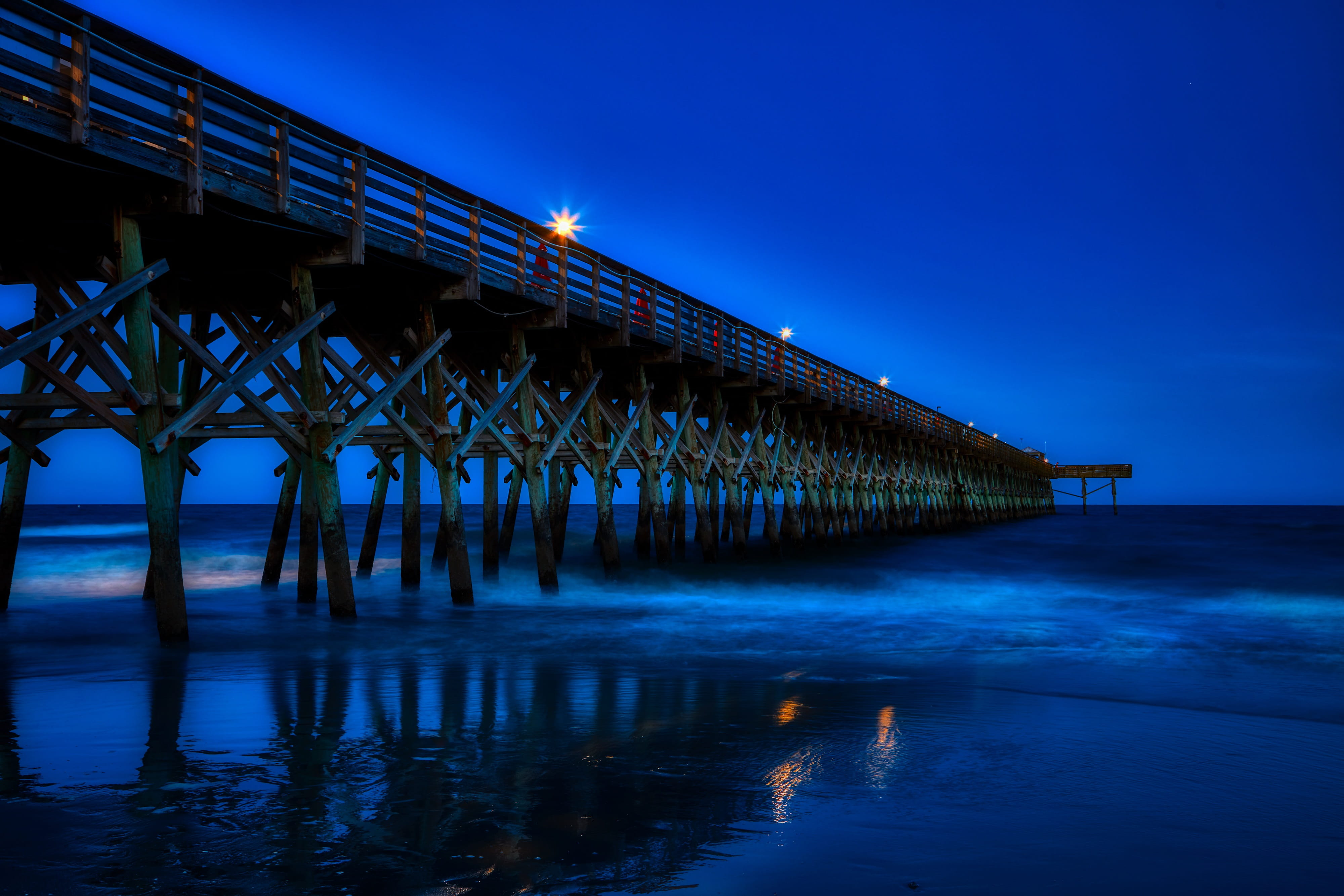 sunset, hdr, evening, 4K, outdoors, no people, pier, bridge, atlantic ocean, reflection, myrtle beach, beach, seashore, tourism, illuminated, reflections, HD Wallpaper