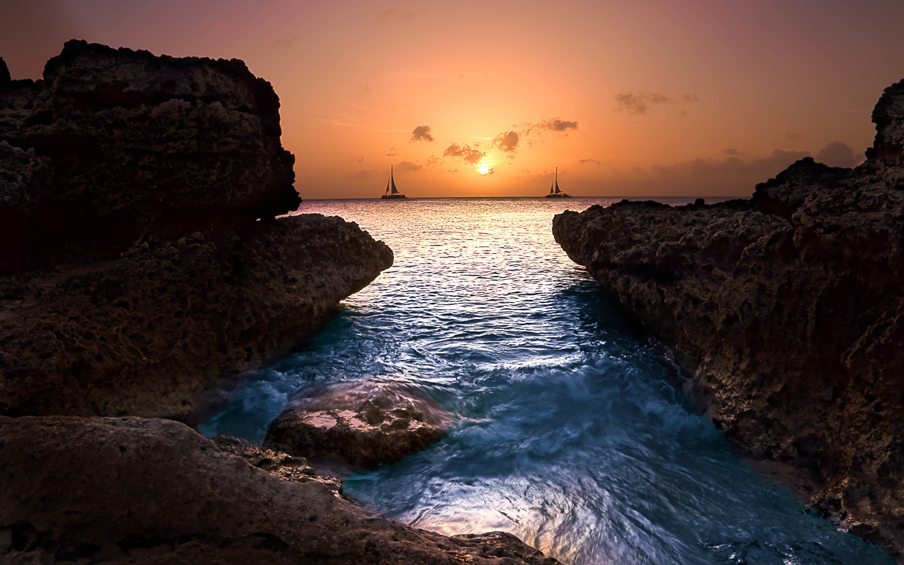sunset, boats, AW, rock, 2K, Washington, rocks, formation, ocean, HD Wallpaper