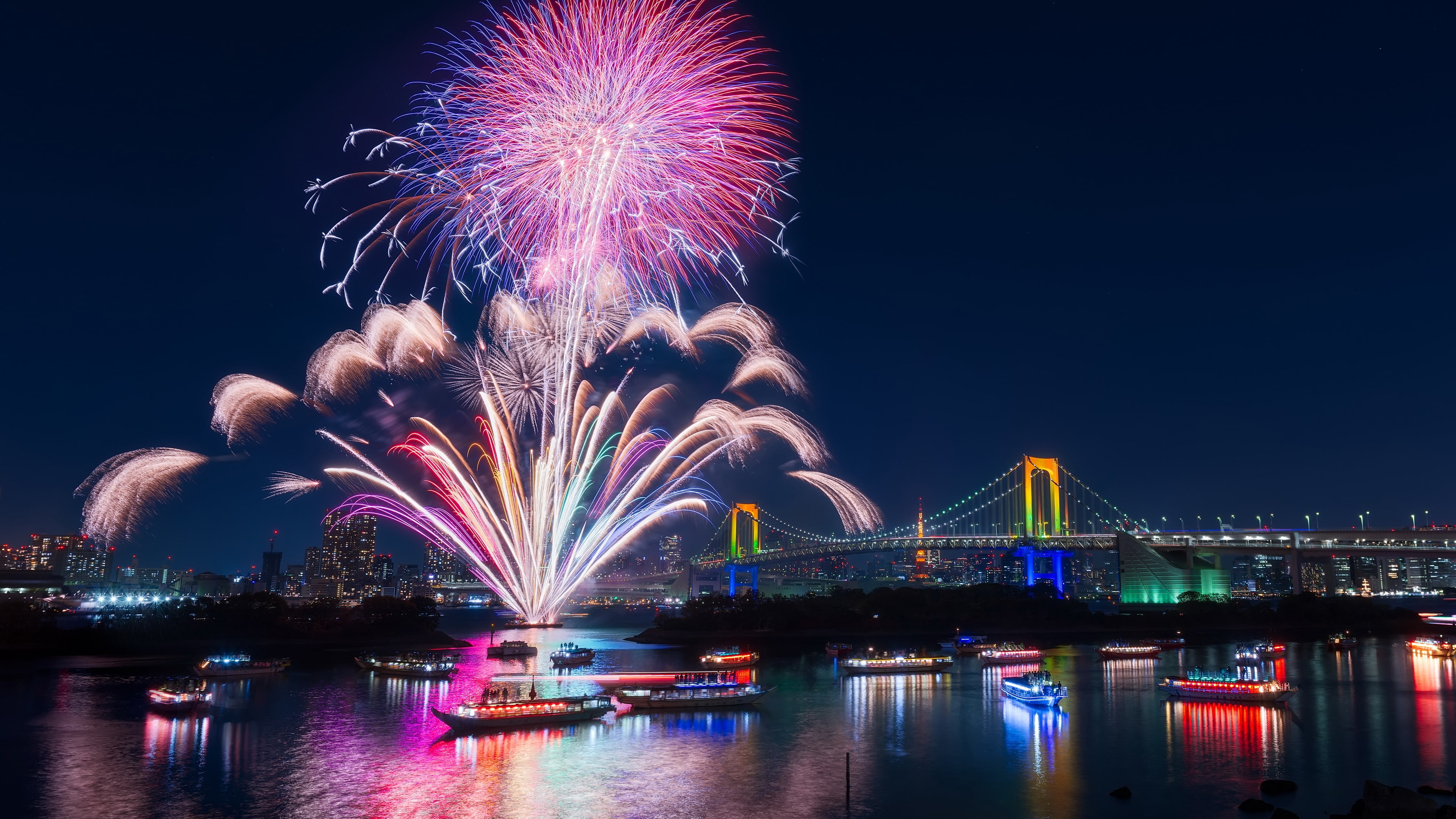 Night, Japan, 4K, Bridge, City, Illumination, Fireworks, Tokyo, Beautiful, Bay, HD Wallpaper