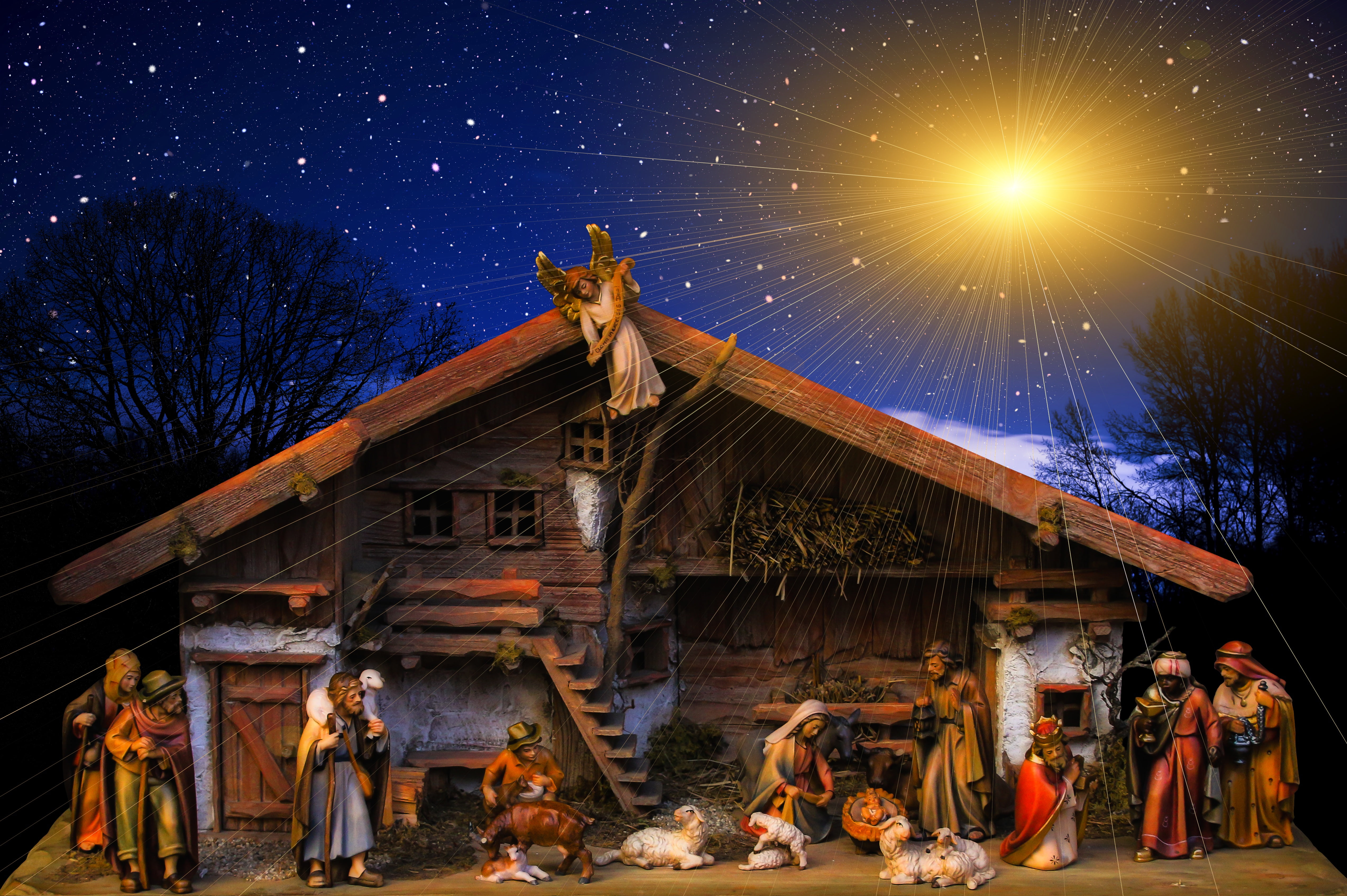 Jesus, Figurine, 4K, Angel, Mary (Mother of Jesus), Night, Christmas, Stars, Holiday, HD Wallpaper