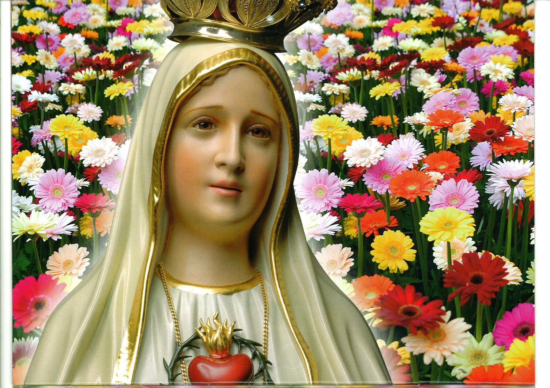 spirituality, statue, gold colored, Nossa Senhora De Fatima, freshness, belief, no people, human representation, Religious, day, religion, flowering plant, HD Wallpaper