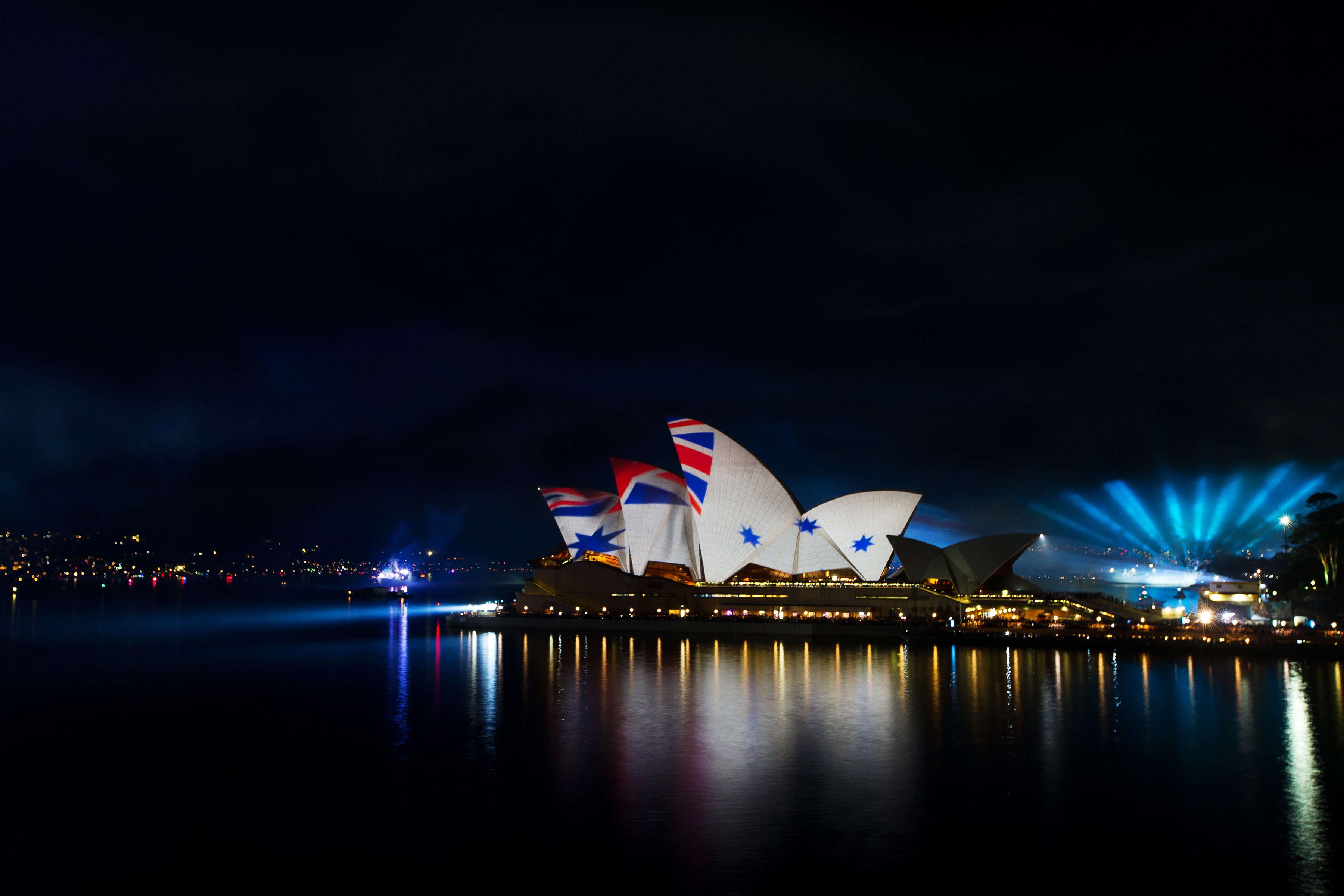 no people, architecture, cityscape, outdoors, Sydney Opera House, water, explosion, skyscraper, night, event, sea, Sydney, travel destinations, nature, HD Wallpaper