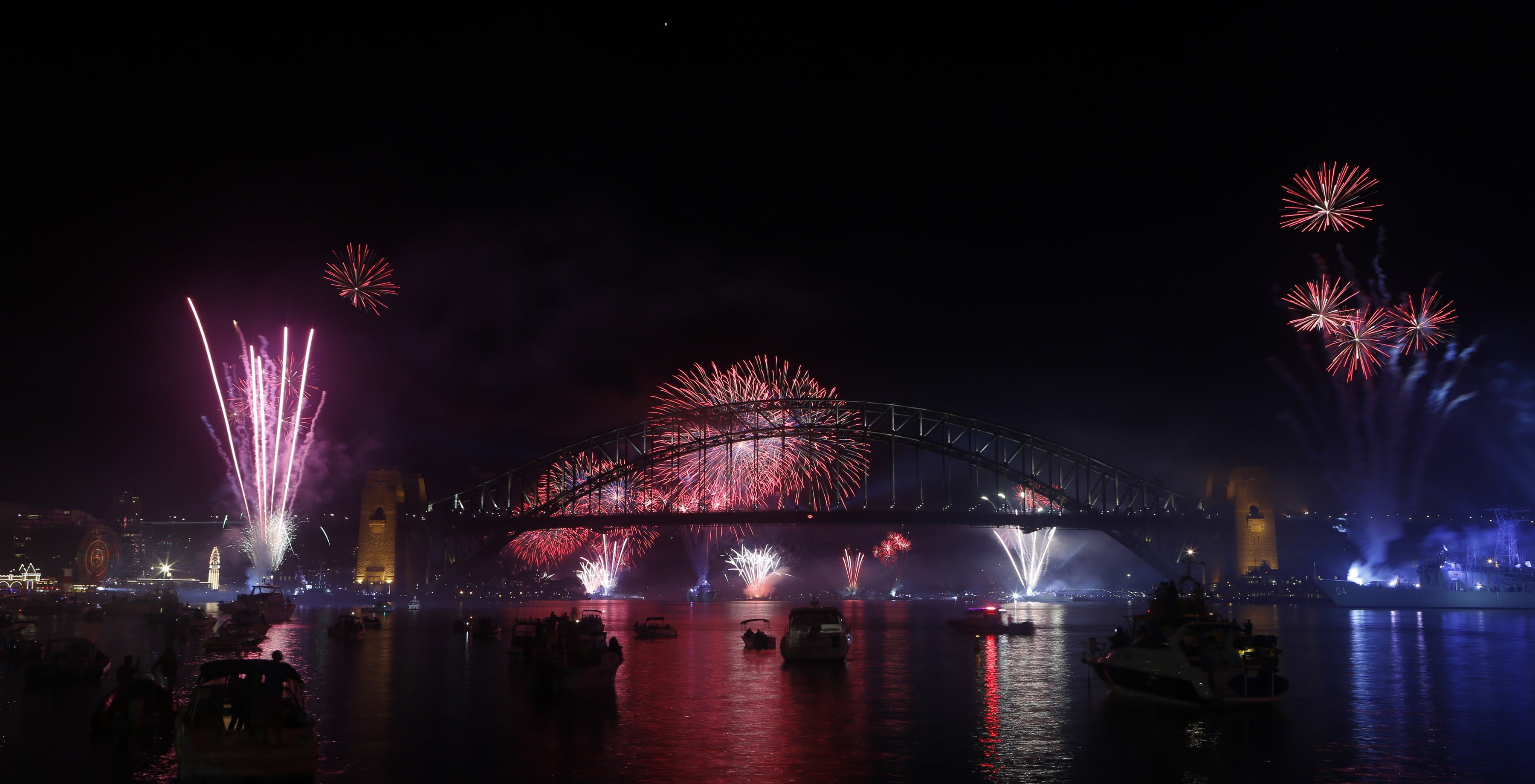 outdoors, firework display, travel destinations, city, event, water, boat, Sydney, night, celebration, firework, 2K, illuminated, exploding, architecture, HD Wallpaper