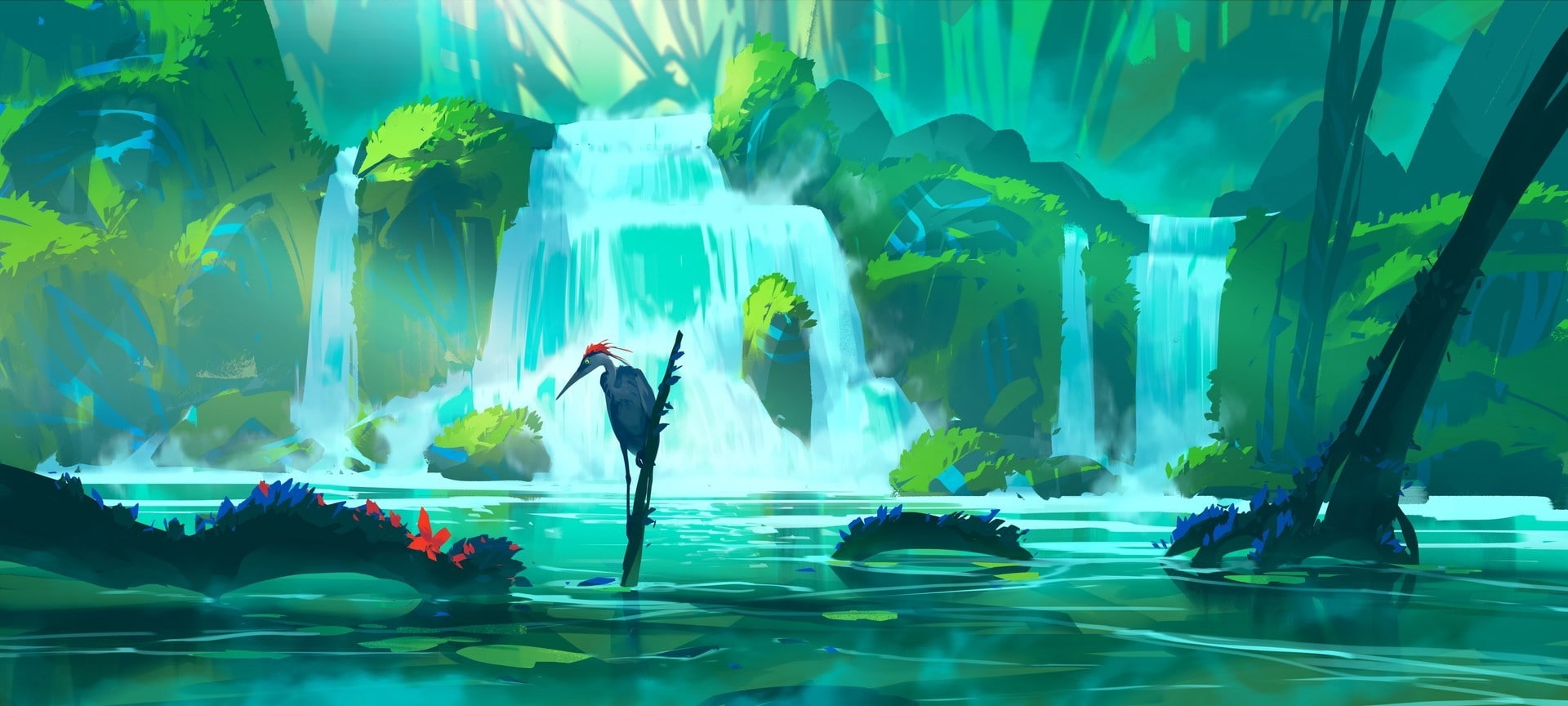 full length, one person, bird, leisure activity, adventure, turquoise colored, men, plants, waterfall, weekend activities, skill, 1080P, fantasy landscape, HD Wallpaper