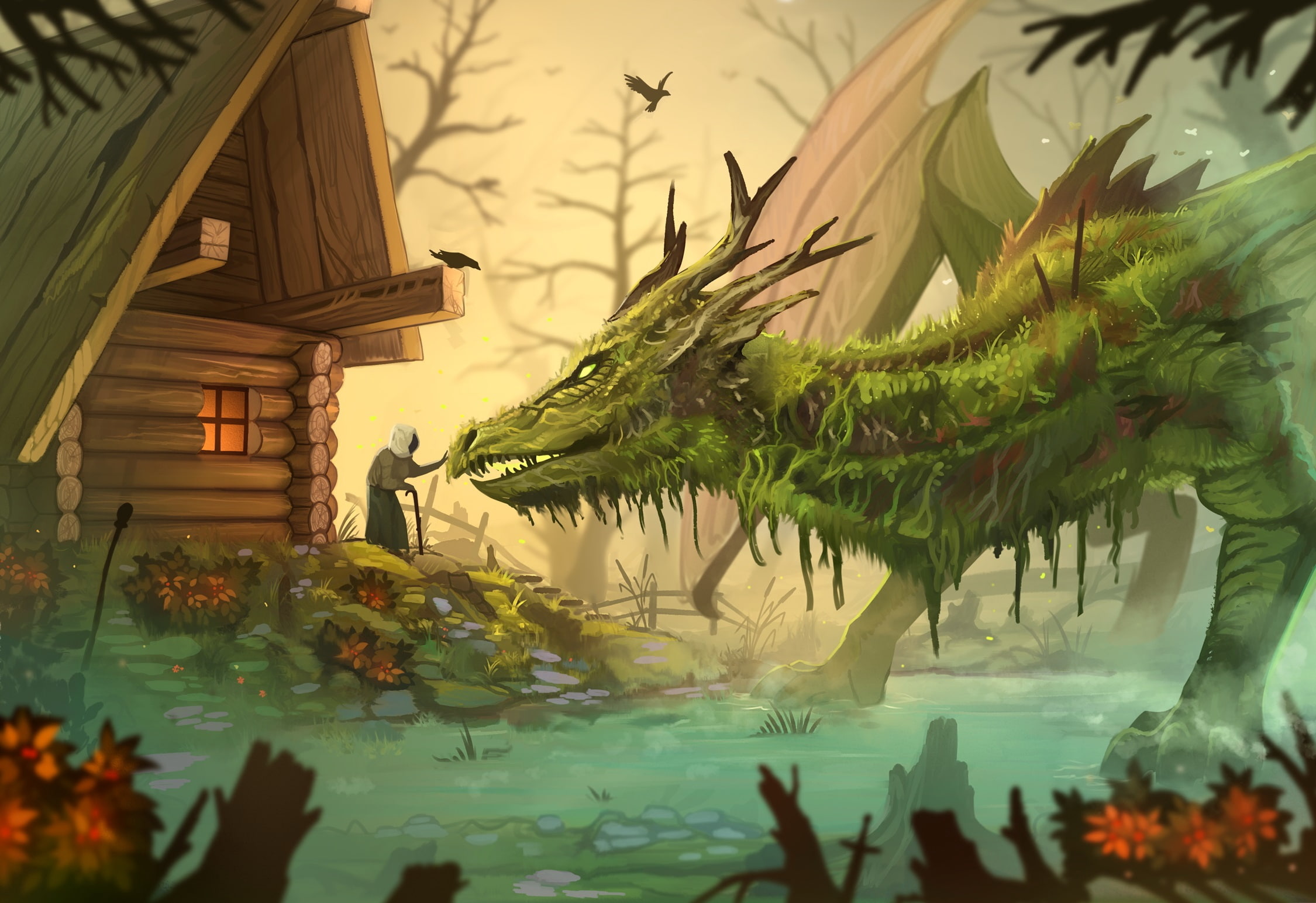 built structure, nature, house, elder, building, plant part, building exterior, floating on water, reflection, plant, beauty in nature, dragon, artwork, HD Wallpaper