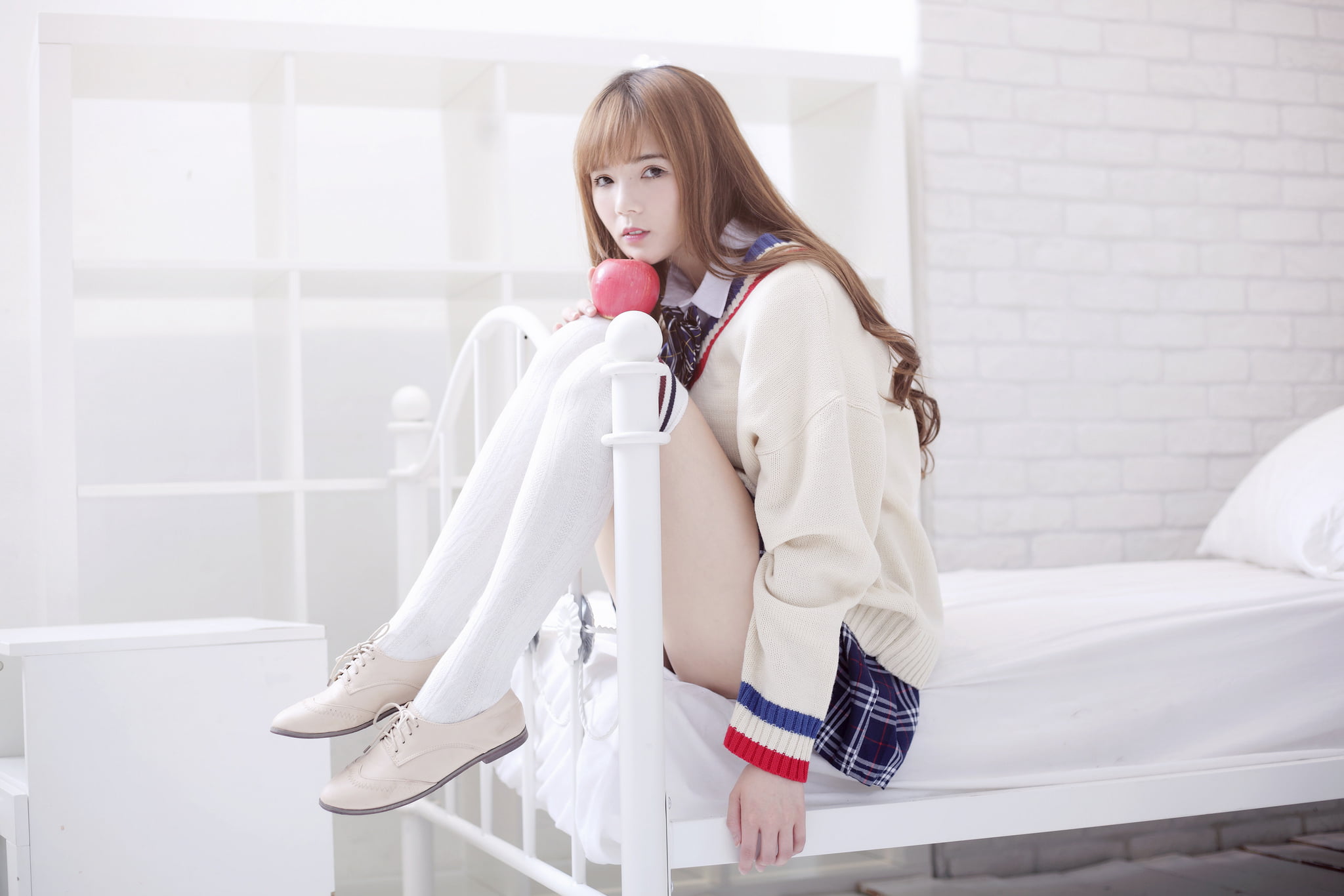 young adult, real people, knee-highs, women, leisure activity, indoors, bow-tie, looking at camera, schoolgirl, hairstyle, looking at viewer, Asian, beautiful woman, HD Wallpaper