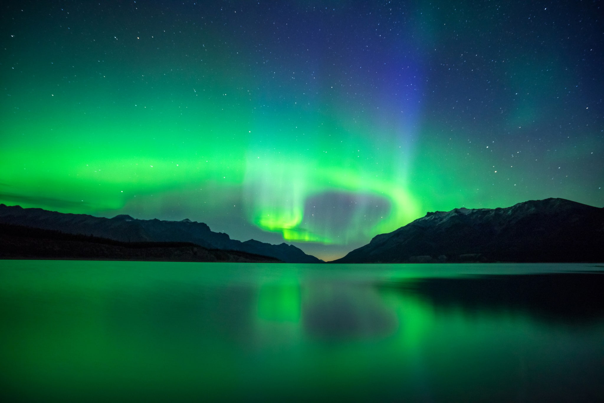 Alberta, night, nebula, 1080P, mountains, lake, reflection, landscape, Canada, HD Wallpaper