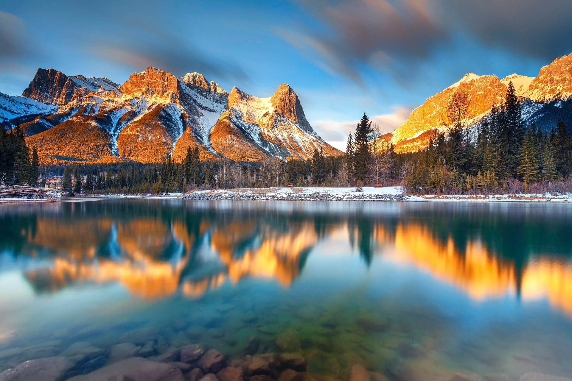 1080P, green, tree, Canada, Alberta, Canmore, morning, forest, mountains, lake, pine, river, HD Wallpaper