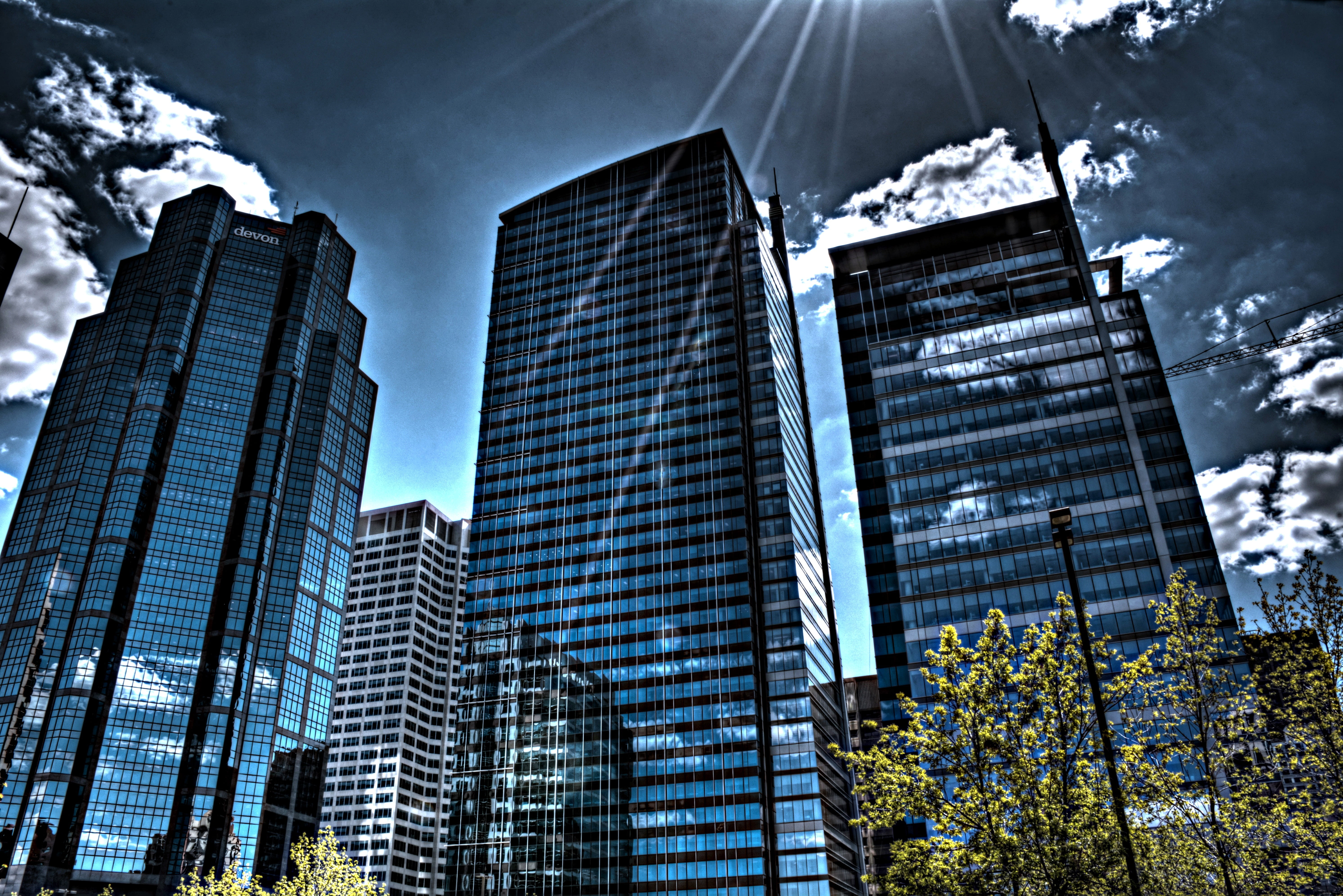 glass - material, office, 5K, canada, urban skyline, calgary, city, building, skyline, tower, low angle view, alberta, office building exterior, financial district, HD Wallpaper