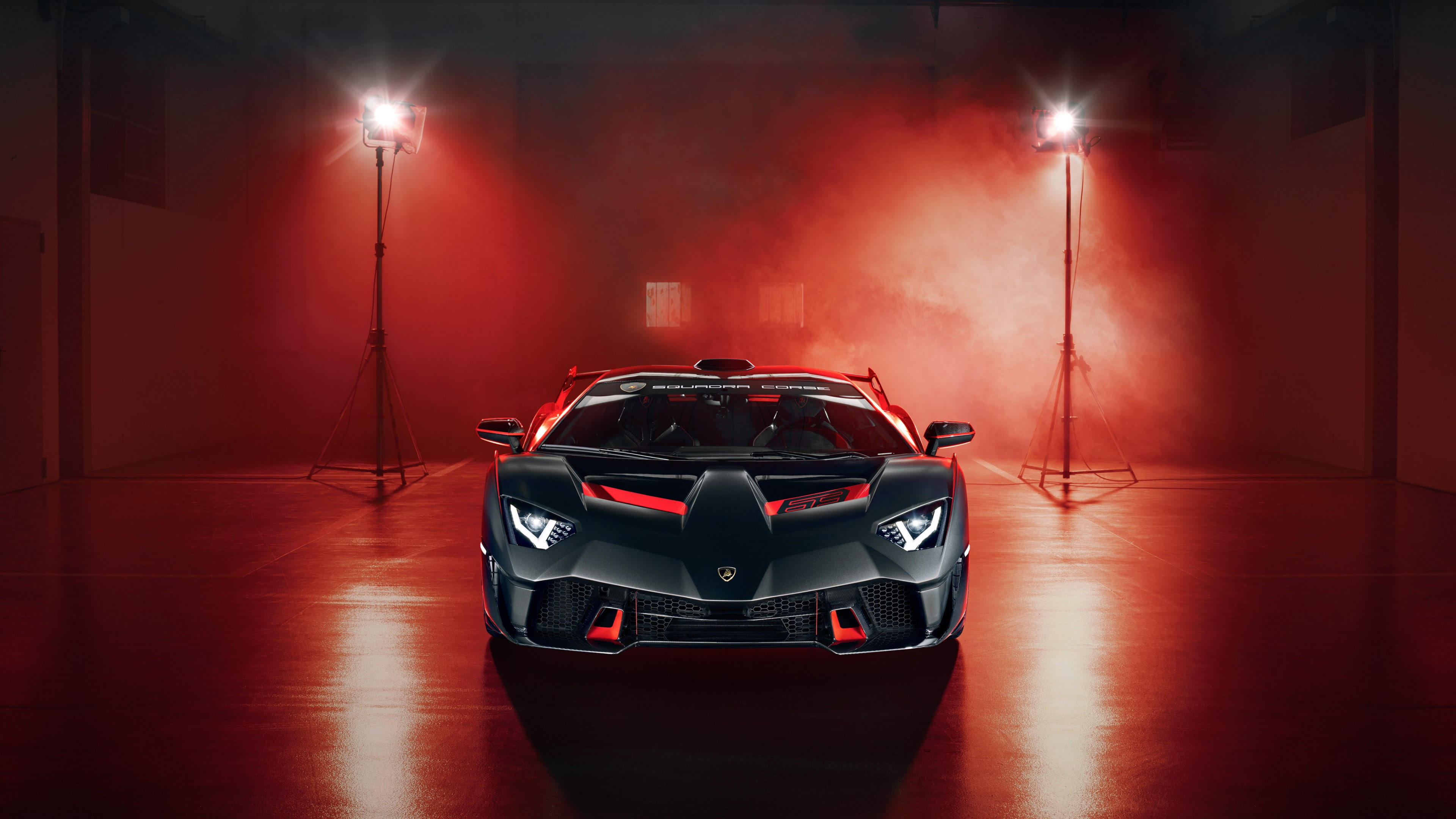 performance car, red, auto show, light, lamborghini, sports car, supercar, 4K, black car, lamborghini sc18, HD Wallpaper