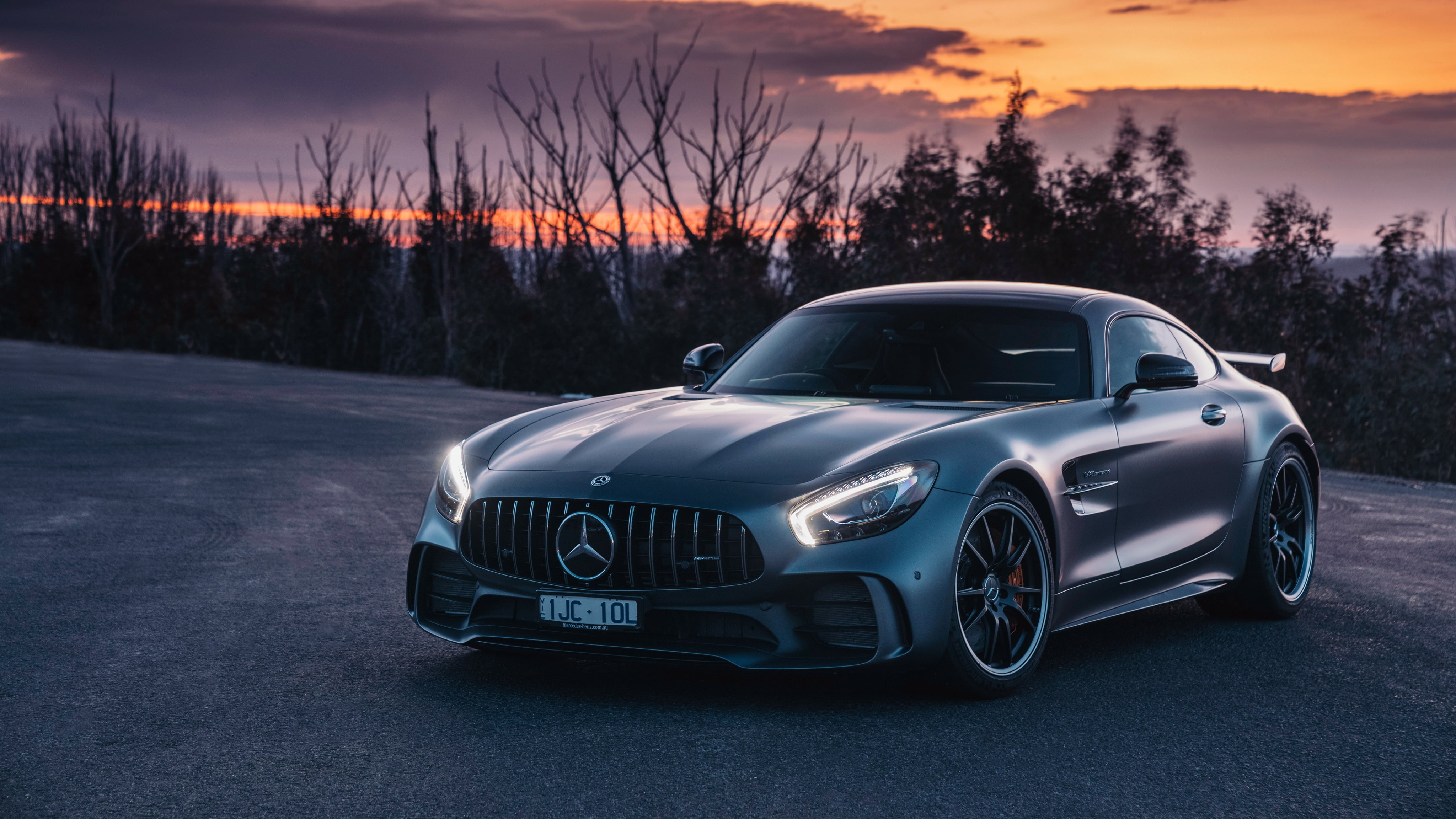 black, coupe, GT R, mode of transportation, orange color, motor vehicle, tree, road, benz, sky, 4K, outdoors, AMG, retro styled, supercar, 2018, nature, HD Wallpaper