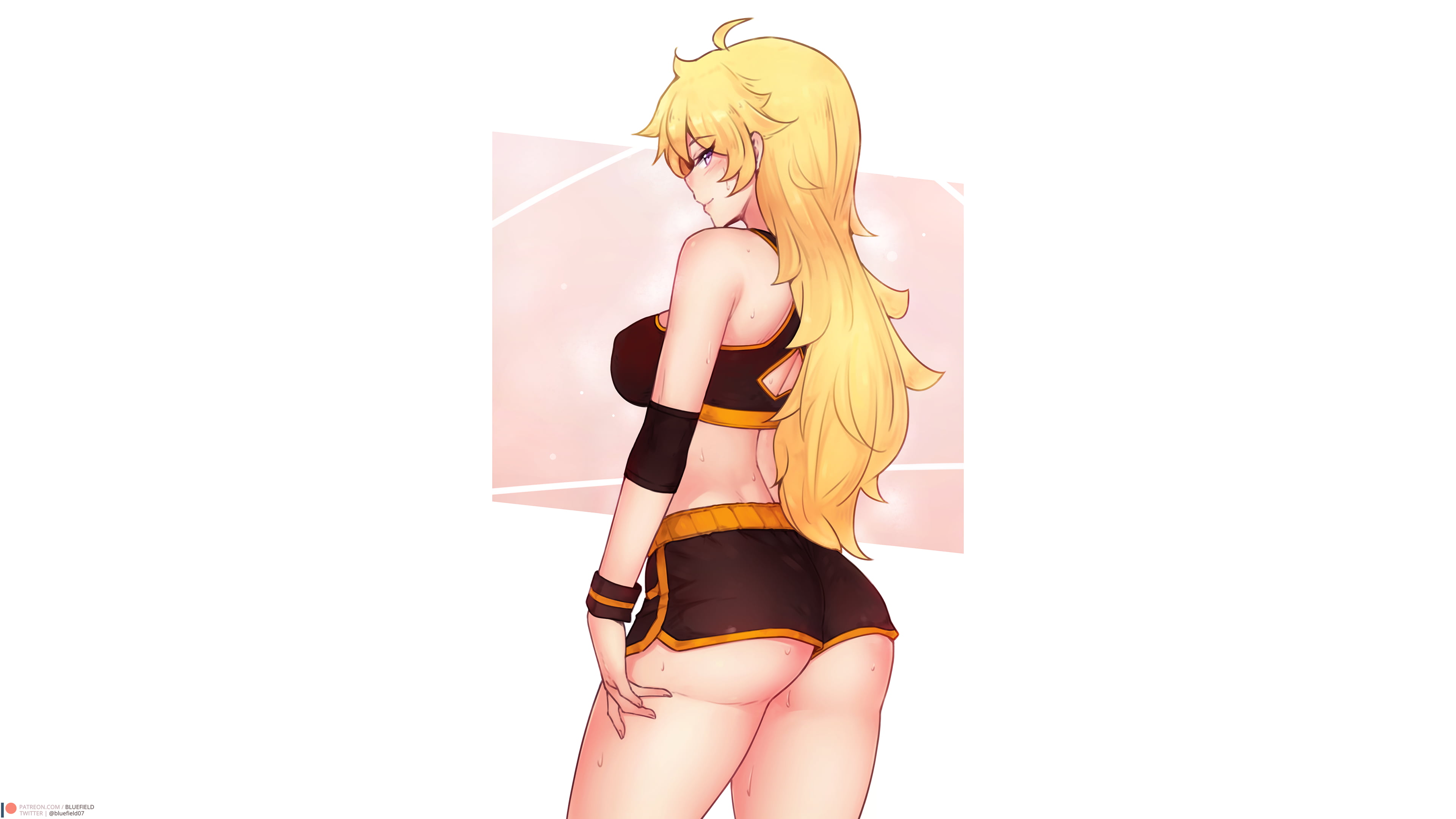 ass, looking at viewer, black shorts, blonde, blushing, Yang Xiao Long, RWBY, bluefield, sweat, 4K, HD Wallpaper