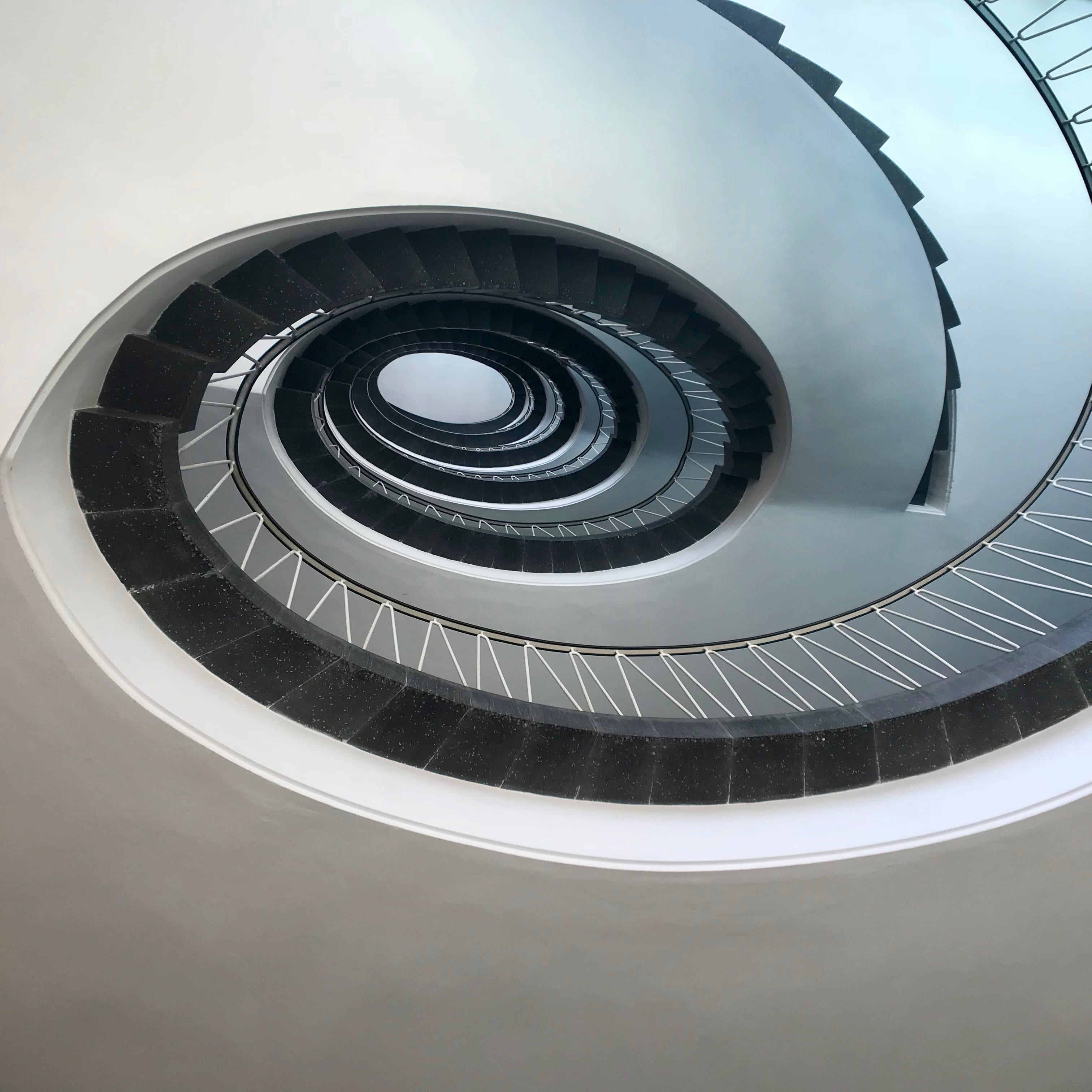 stairway, railing, design, steps and staircases, circle, building feature, white, spiral staircase, looking up, built structure, spiral, pattern, shape, Phone HD Wallpaper
