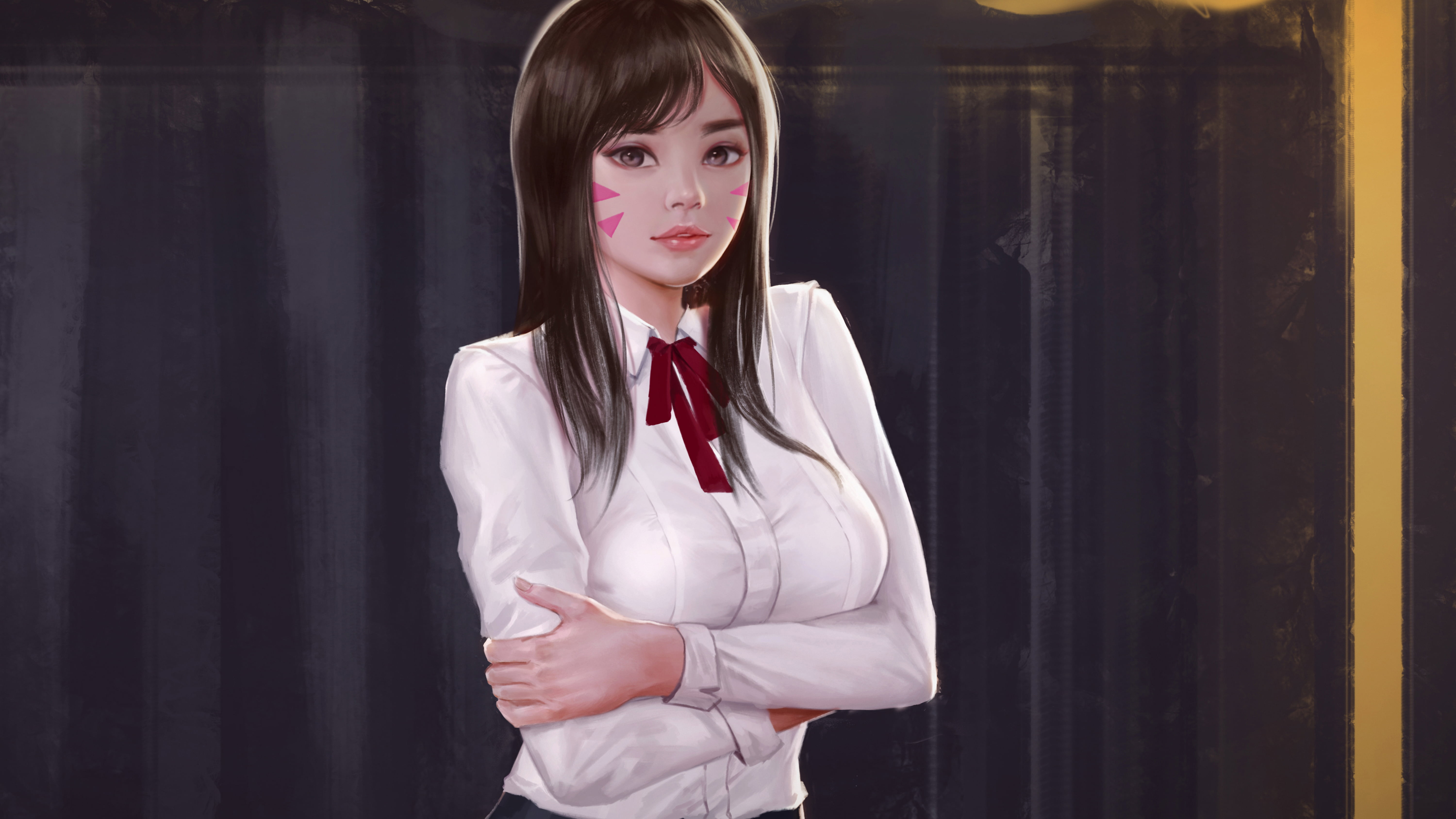 drawing, Overwatch, D.Va (Overwatch), video game girls, 5K, shirt, video game characters, fan art, artwork, looking at viewer, brunette, video games, portrait, HD Wallpaper