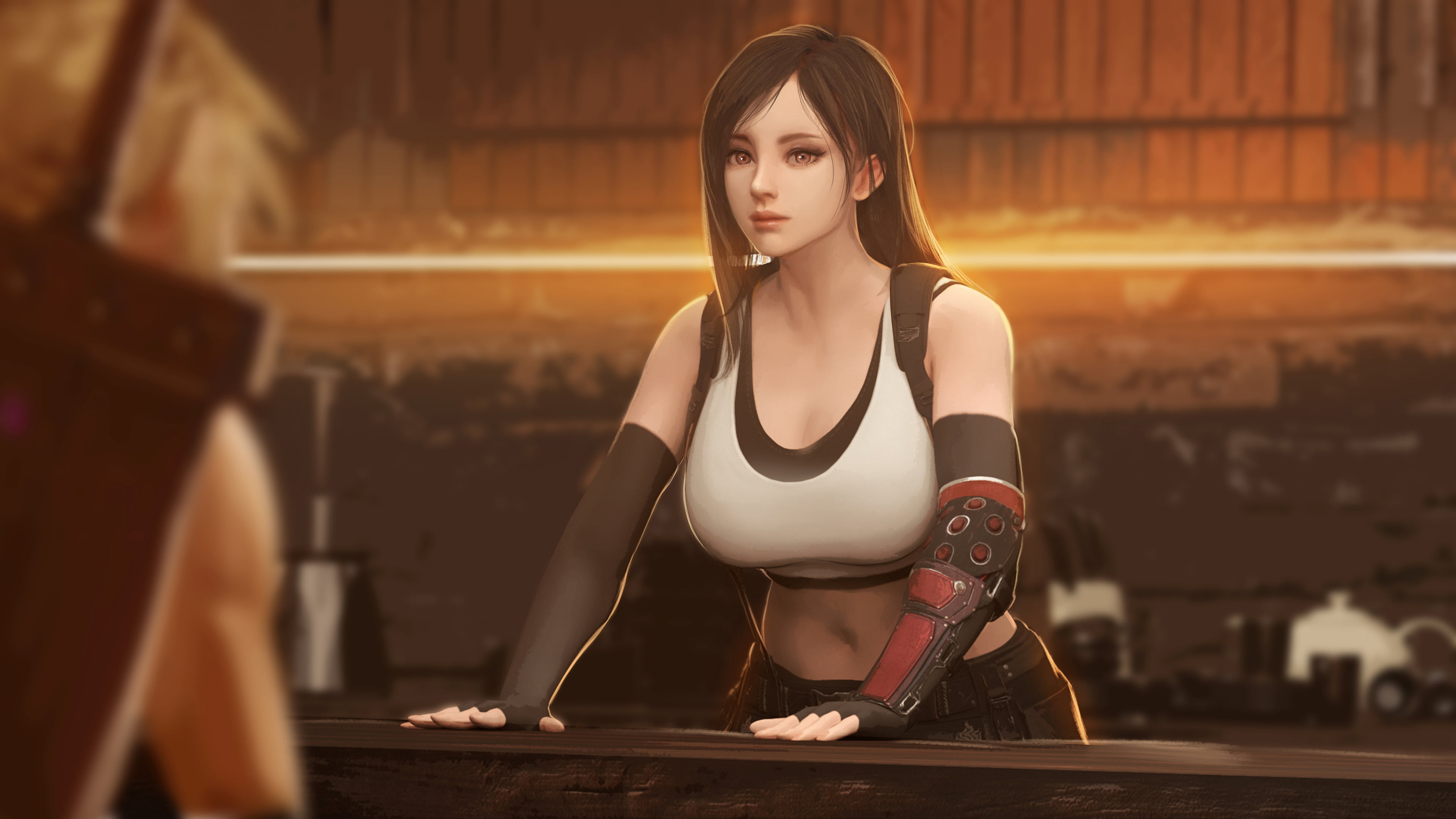 arm warmers, belly, artwork, 4K, bar, elbow gloves, video games, depth of field, digital art, long hair, Cloud Strife, fan art, Firolian, dark hair, suspenders, HD Wallpaper