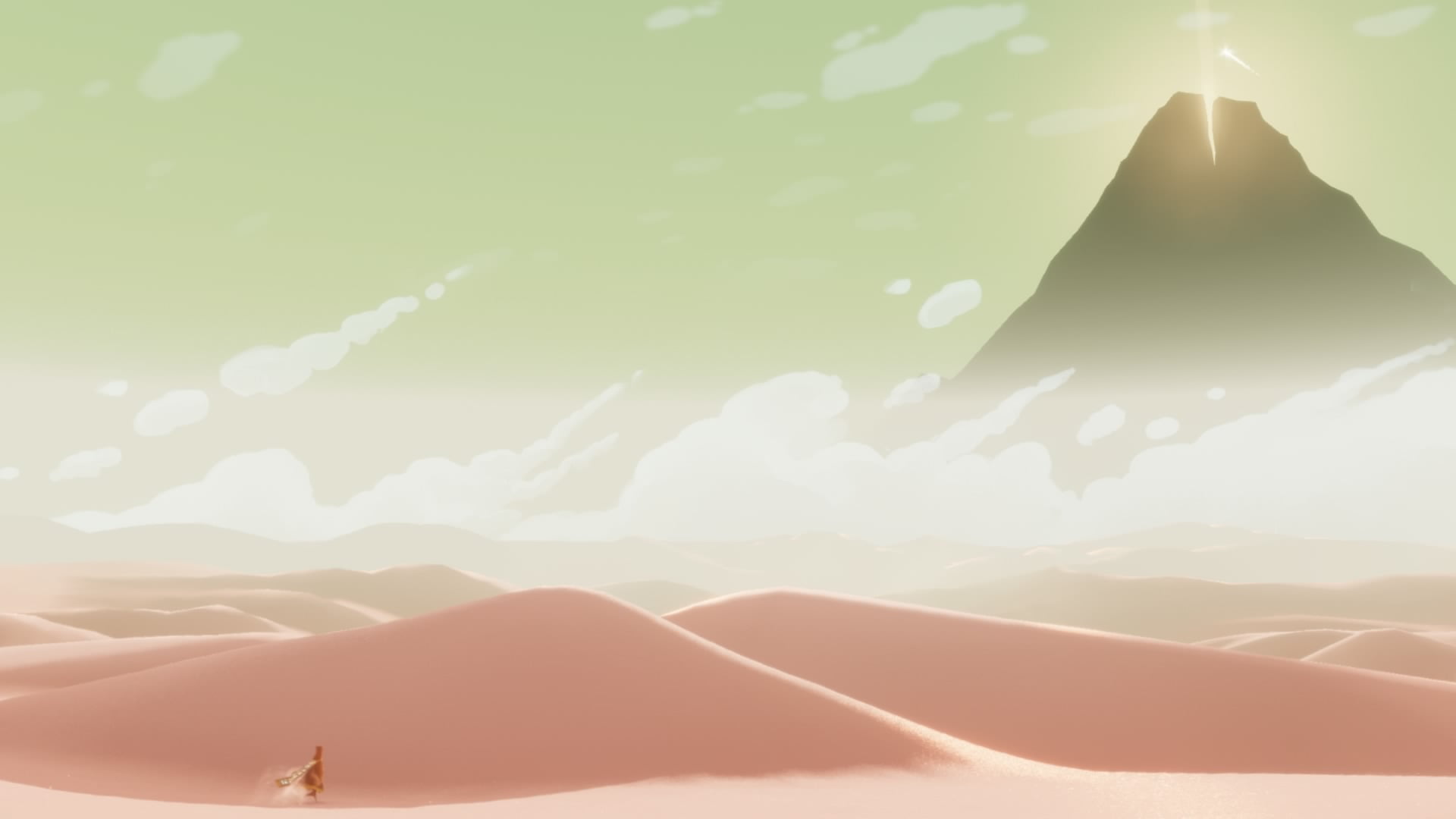 architecture, video games, sunlight, bright, spirituality, mountain peak, building, landscape, lens flare, The Journey, idyllic, no people, sunbeam, tranquility, HD Wallpaper