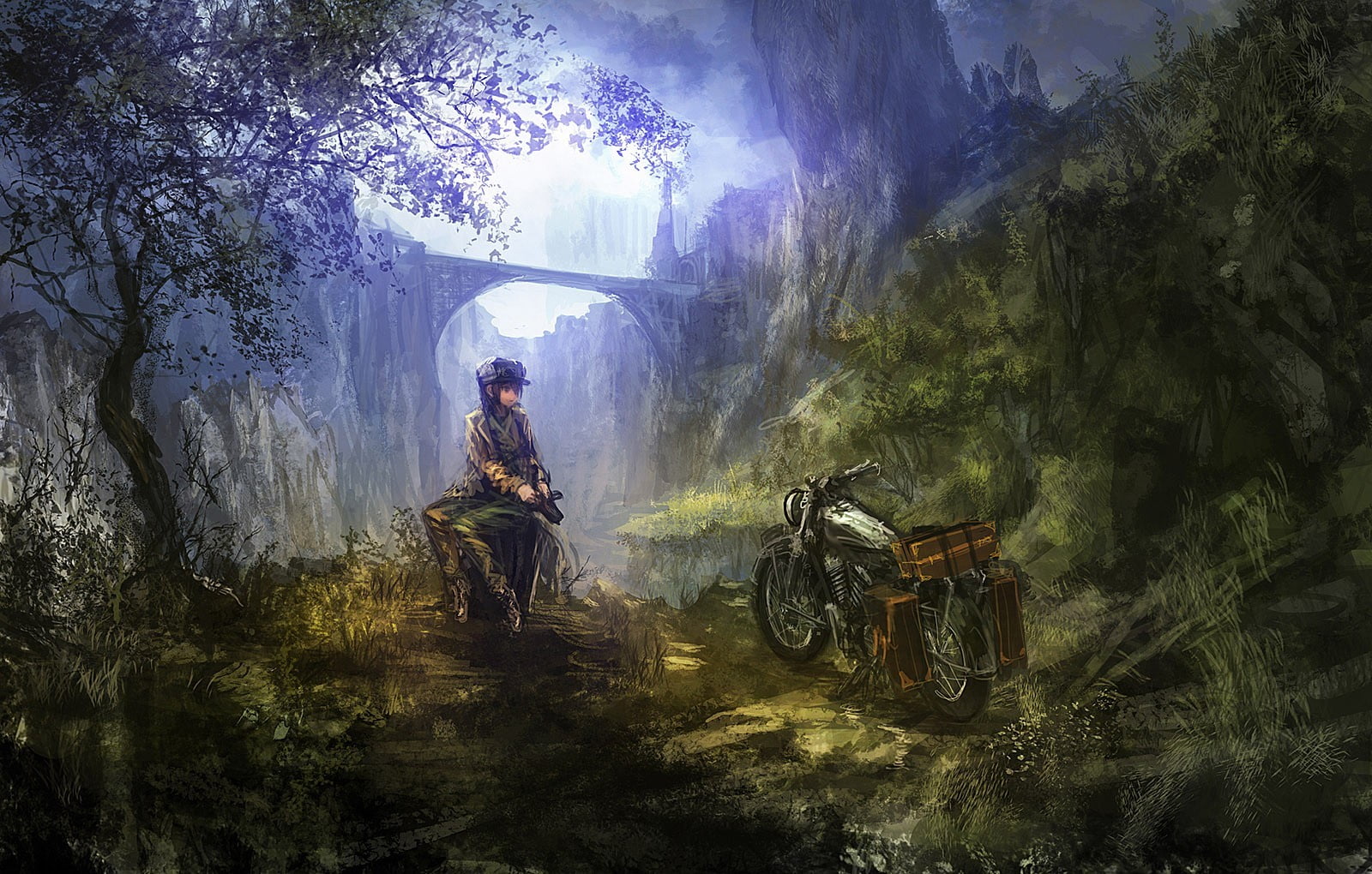 land, riding, transportation, forest, Kinos Journey, leisure activity, bridge, Kino no Tabi, bicycle, ride, anime girls, mode of transportation, lifestyles, HD Wallpaper