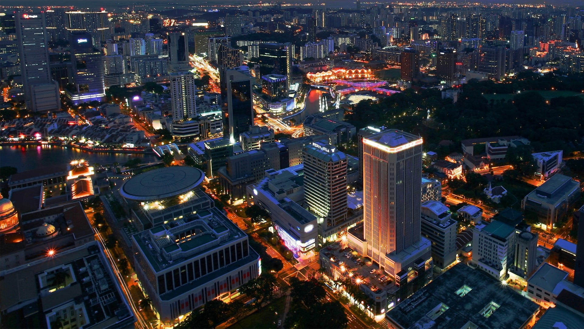 asia, outdoors, architecture, high, nightlife, building Exterior, building, cityscape, city Life, illuminated, 1080P, built Structure, traffic, river, HD Wallpaper