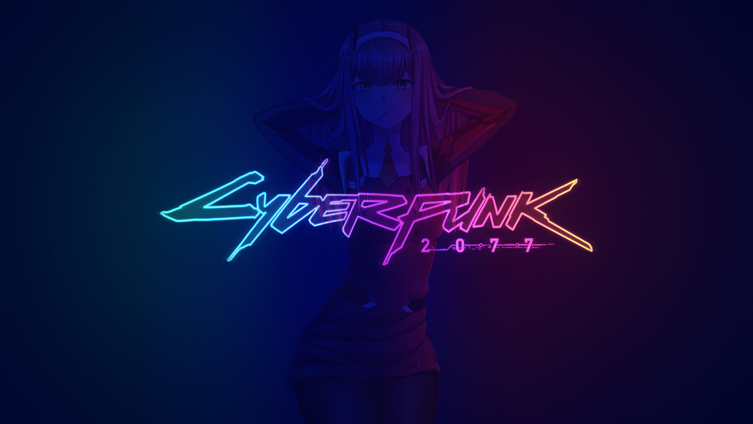 2K, neon, anime girls, Cyberpunk 2077, Zero Two (Darling in the FranXX), HD Wallpaper