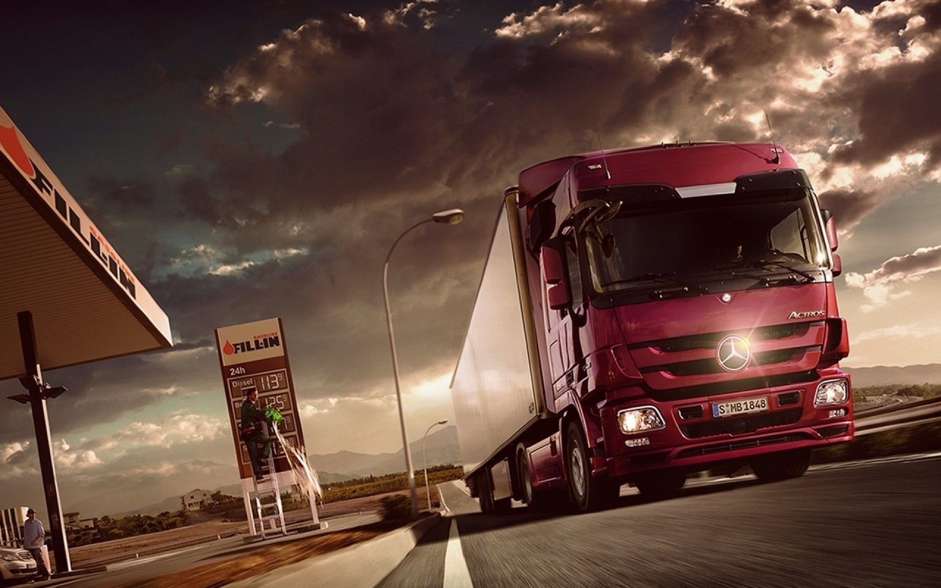 nature, mercedes, no people, red, outdoors, Mercedes-Benz, vehicle, built structure, trucks, land vehicle, motor vehicle, city, street light, sky, clouds, HD Wallpaper