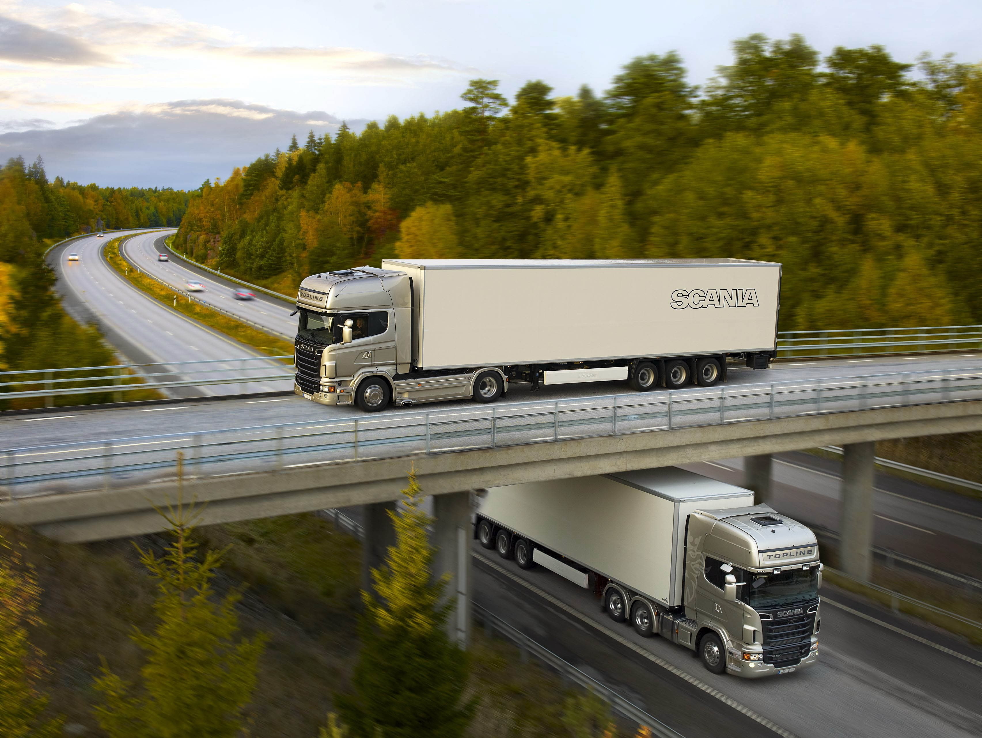scania, bokeh, 2K, trees, trucks, road, HD Wallpaper