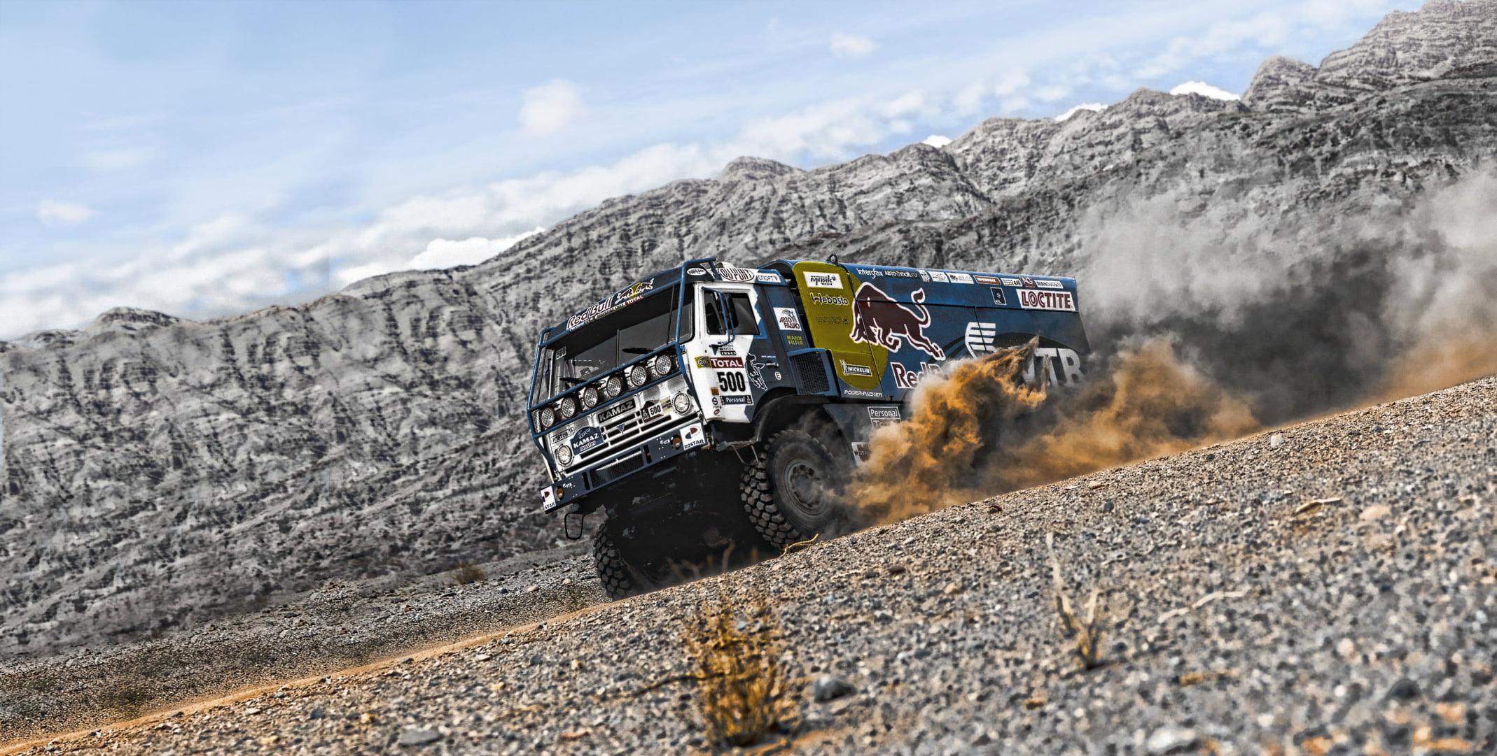 car, sky, rock, heavy, industry, KAMAZ, power, off-Road Vehicle, truck, desert, sand, road, action, rally, Paris-Dakar, danger, white, construction machinery, HD Wallpaper