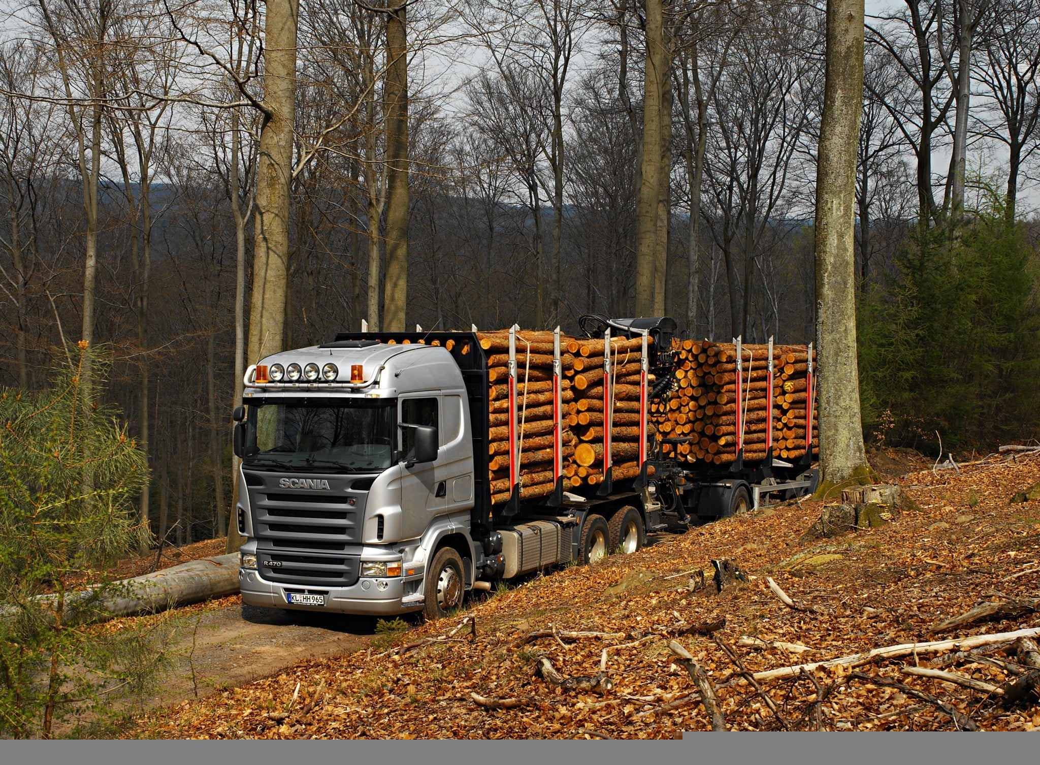 woodland, commercial Land Vehicle, Scania R470, mode of transportation, driving, mode of Transport, scania, nature, bare tree, field, road, transportation, HD Wallpaper