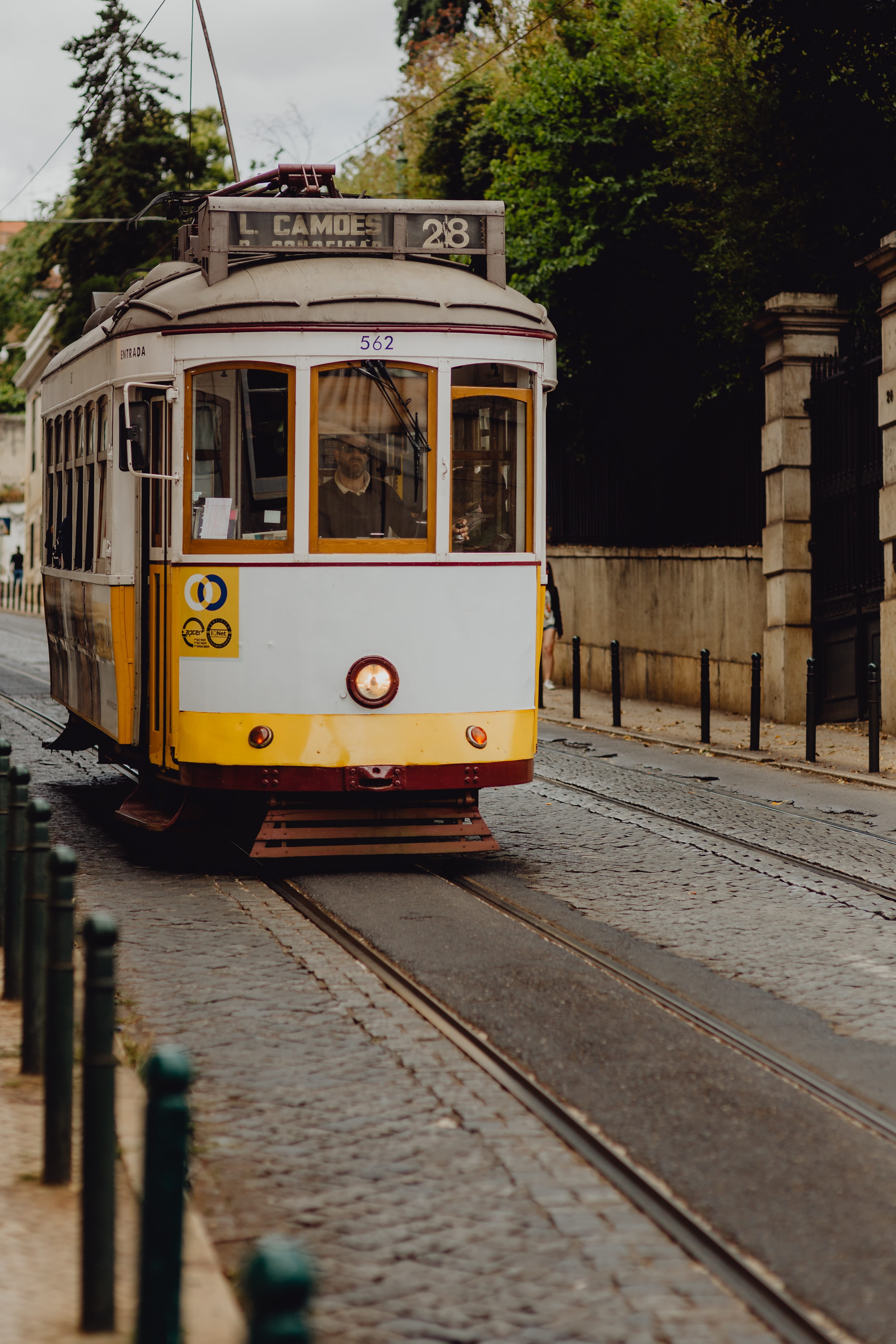 cable car, school bus, track, portugal, famous, yellow, sunlight, tree, vintage, land vehicle, travel, city, transportation, bus, day, 4K, train, railroad track, Phone HD Wallpaper