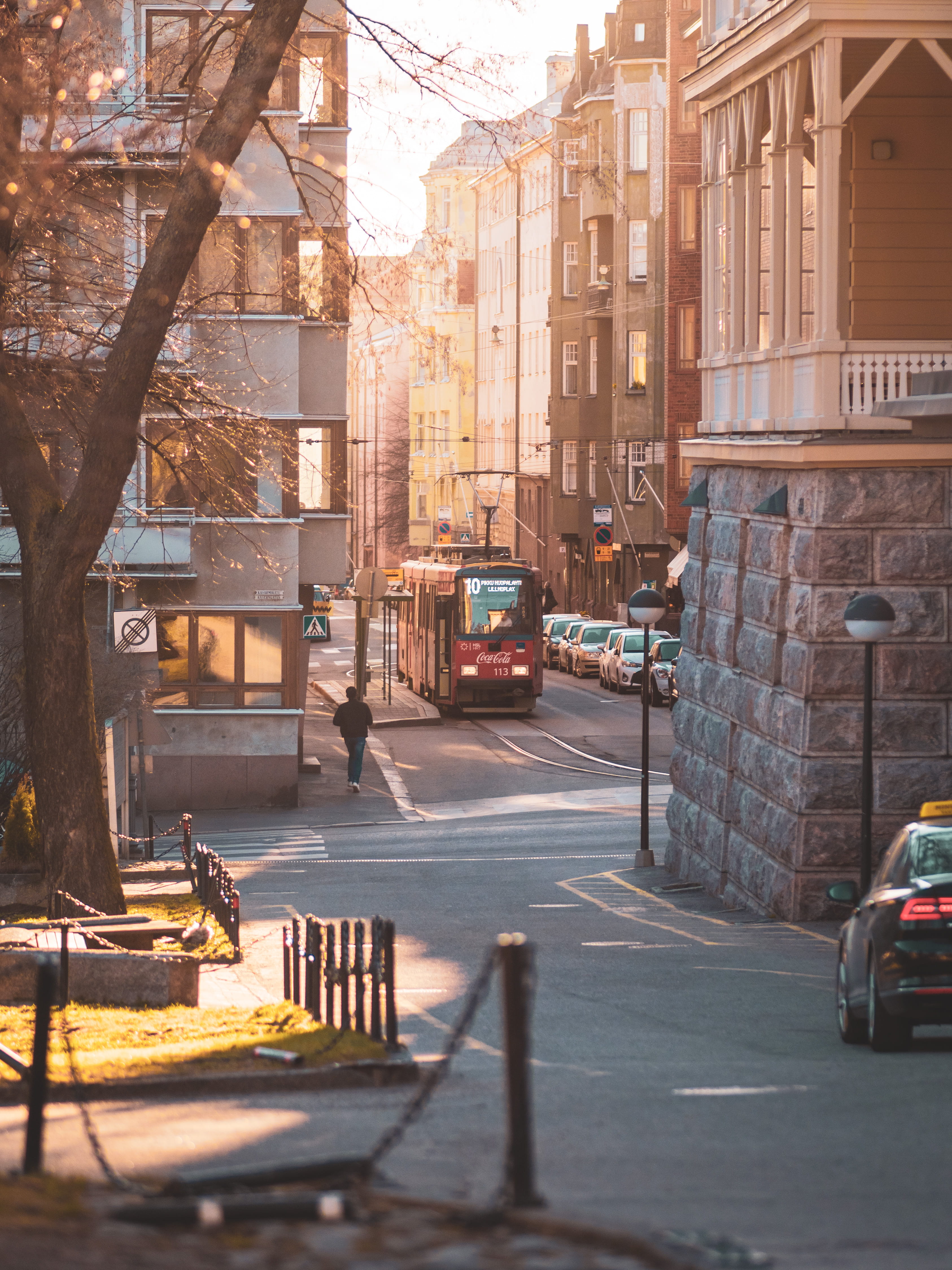 road, tramcar, tree, incidental people, sign, automobile, finland, day, street, built structure, tarmac, tähtitorninkatu 1, residential district, motor vehicle, Phone HD Wallpaper