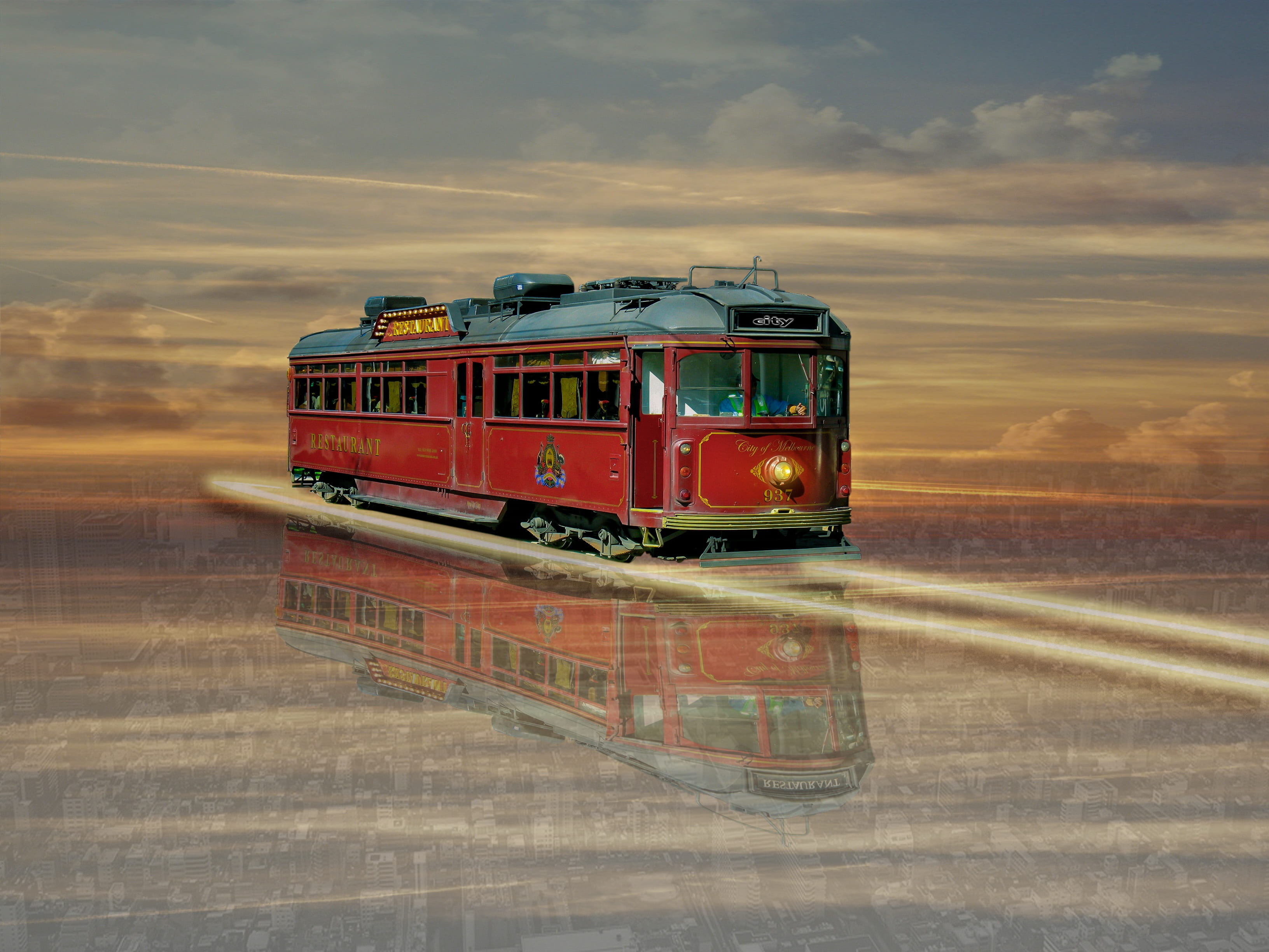 no people, rail transportation, photoshop, nature, on the move, tramcar, reflection, scenics - nature, outdoors, red, land vehicle, track, motion, travel, HD Wallpaper