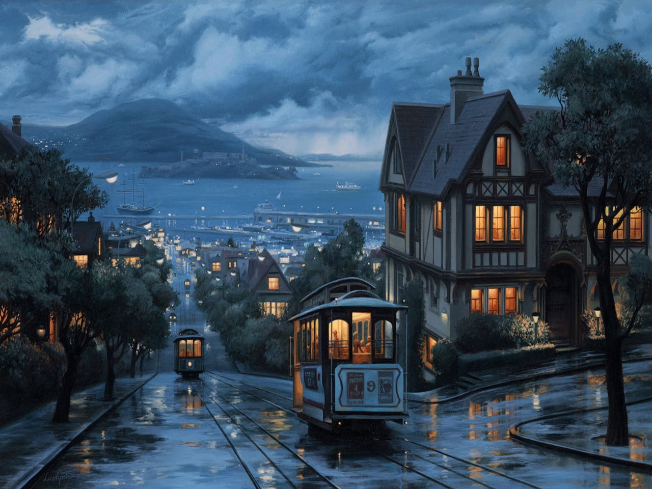 720P, wet, landscape, digital/artwork, san, francisco, hd, tram, trolley, HD Wallpaper
