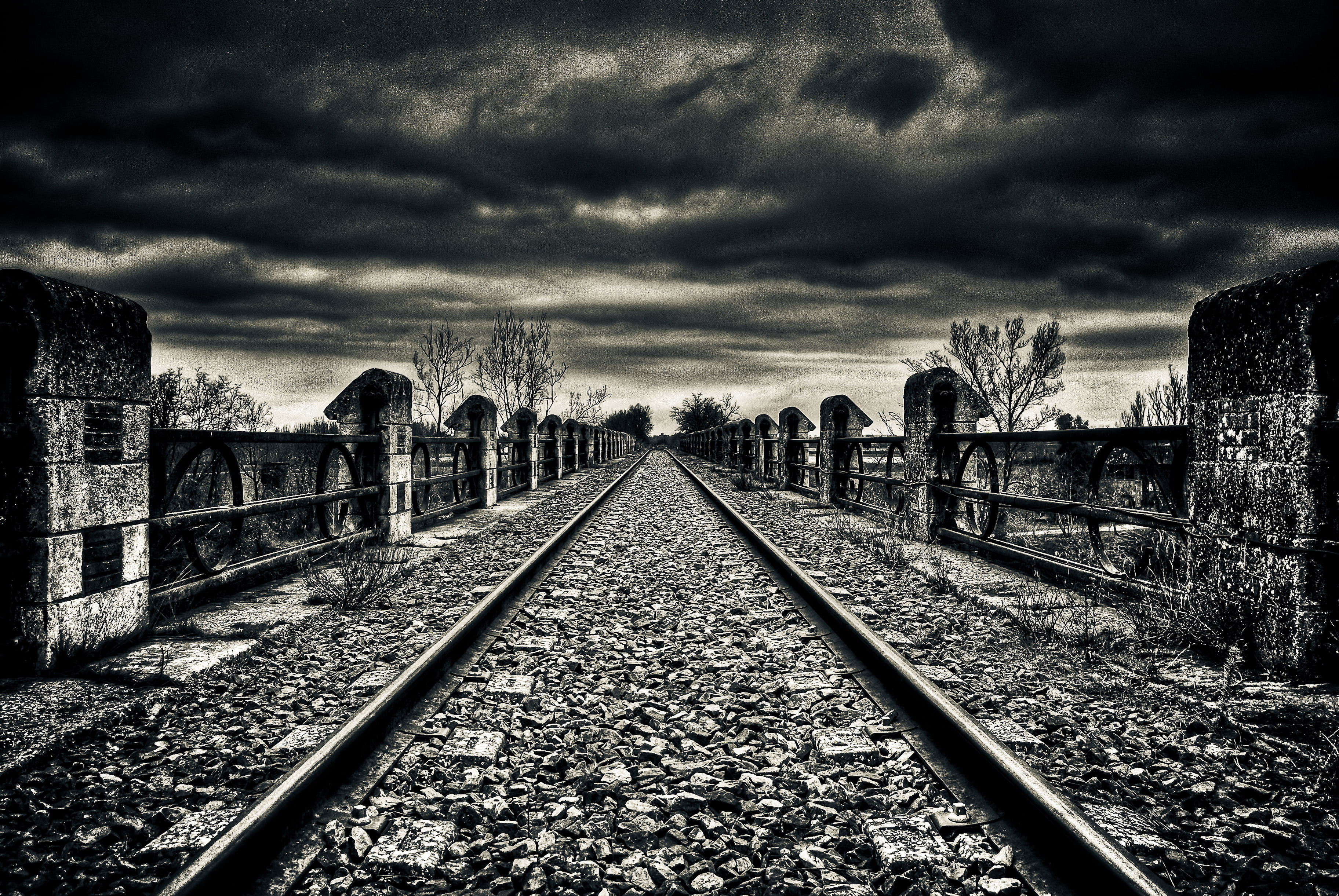 Black and White, way, noir et blanc, 2K, photo, transportation, destination, railroad Track, flickr, award, Photos, train, railway, sky, clouds, pentax, HD Wallpaper