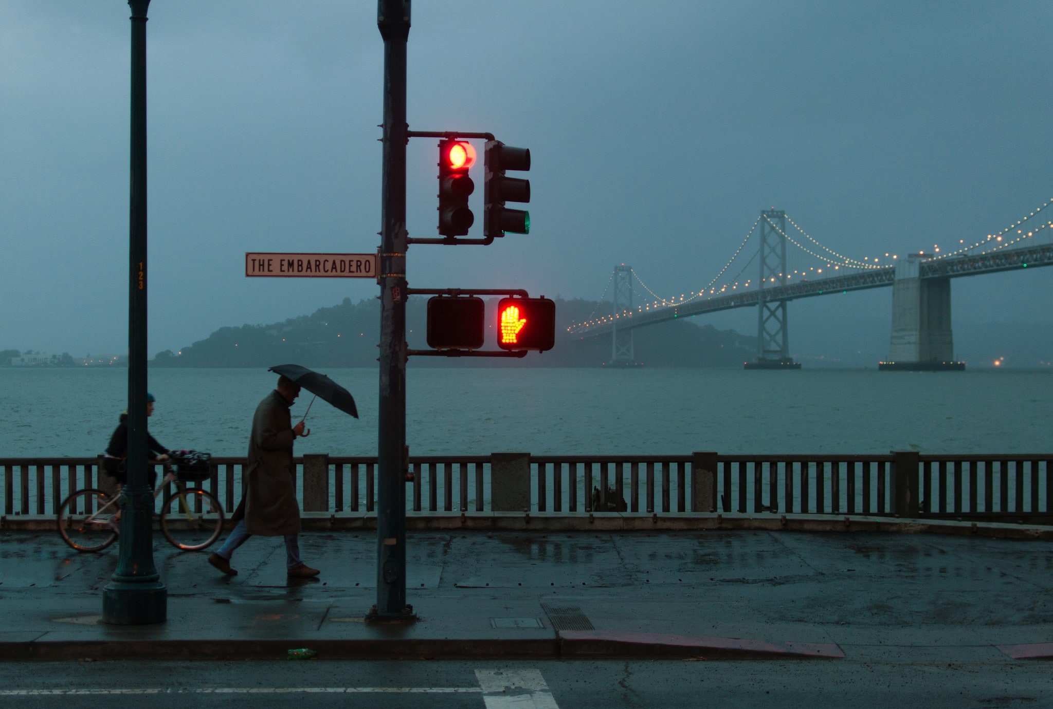 1080P, bridge, men, street, umbrella, lights, architecture, water, stop, bicycle, traffic lights, urban, sea, rain, path, town, city, walking, HD Wallpaper