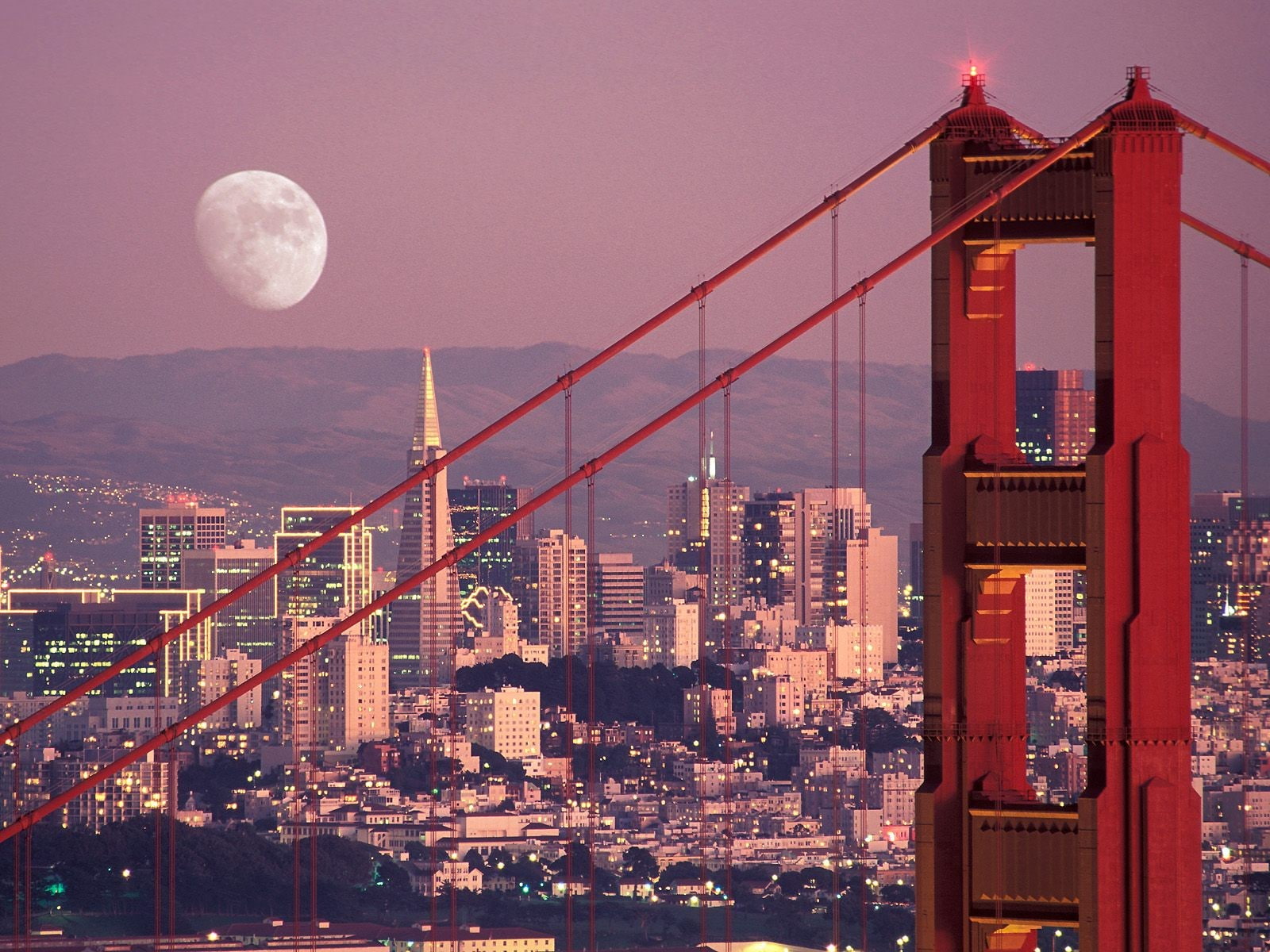 bridge, travel destinations, built structure, city life, residential district, San Francisco, night, skyscraper, architecture, connection, Moon, office building exterior, HD Wallpaper