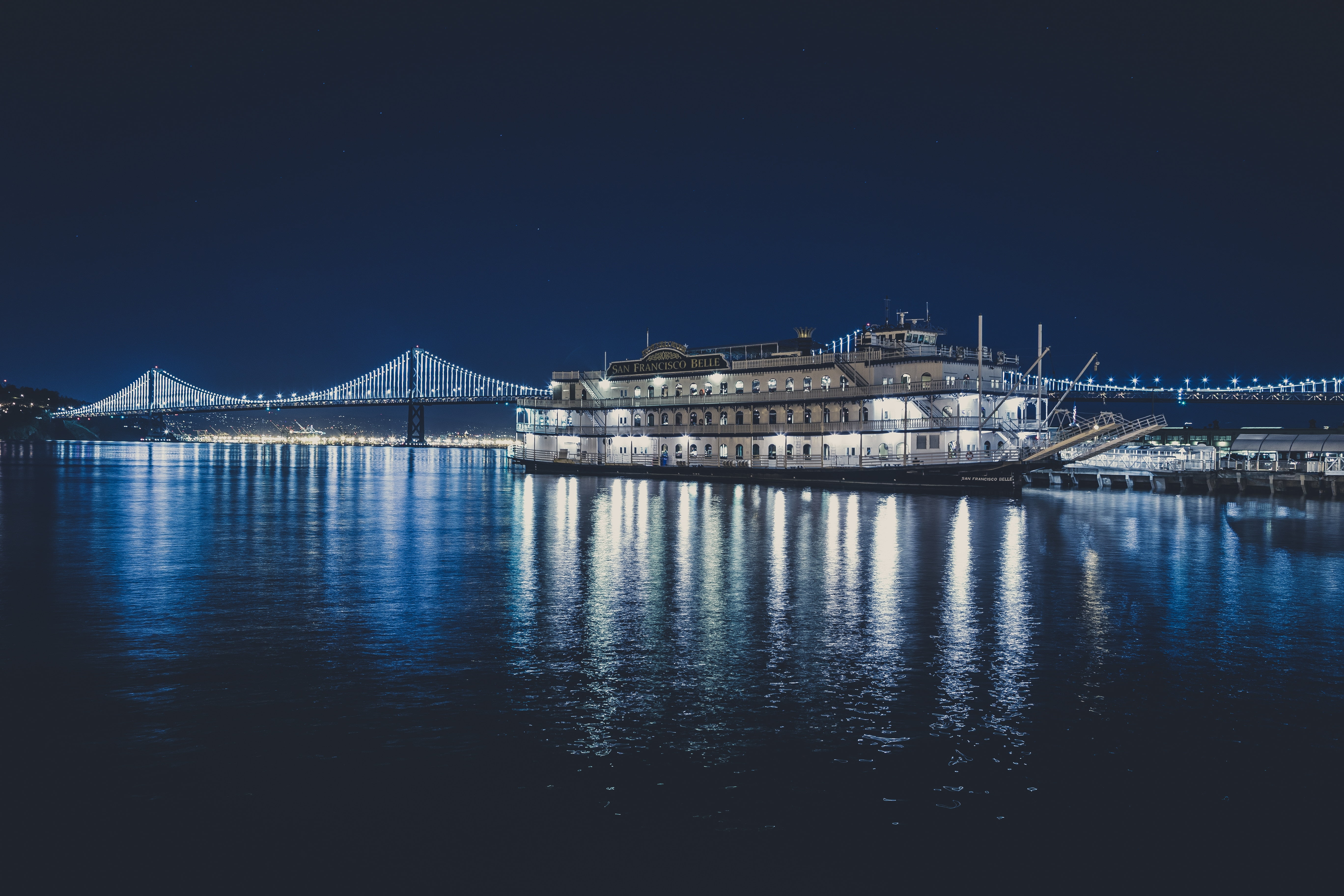 illuminated, USA, no people, Kace Rodriguez, sky, ship, connection, clear sky, waterfront, San Francisco Bay, 5K, water, architecture, built structure, HD Wallpaper