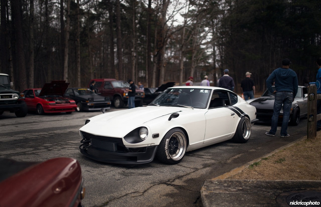 Datsun, old school wheels, car, JDM, Datsun 240Z, trees, Stance, lowered, people, street, 720P, tuning, HD Wallpaper
