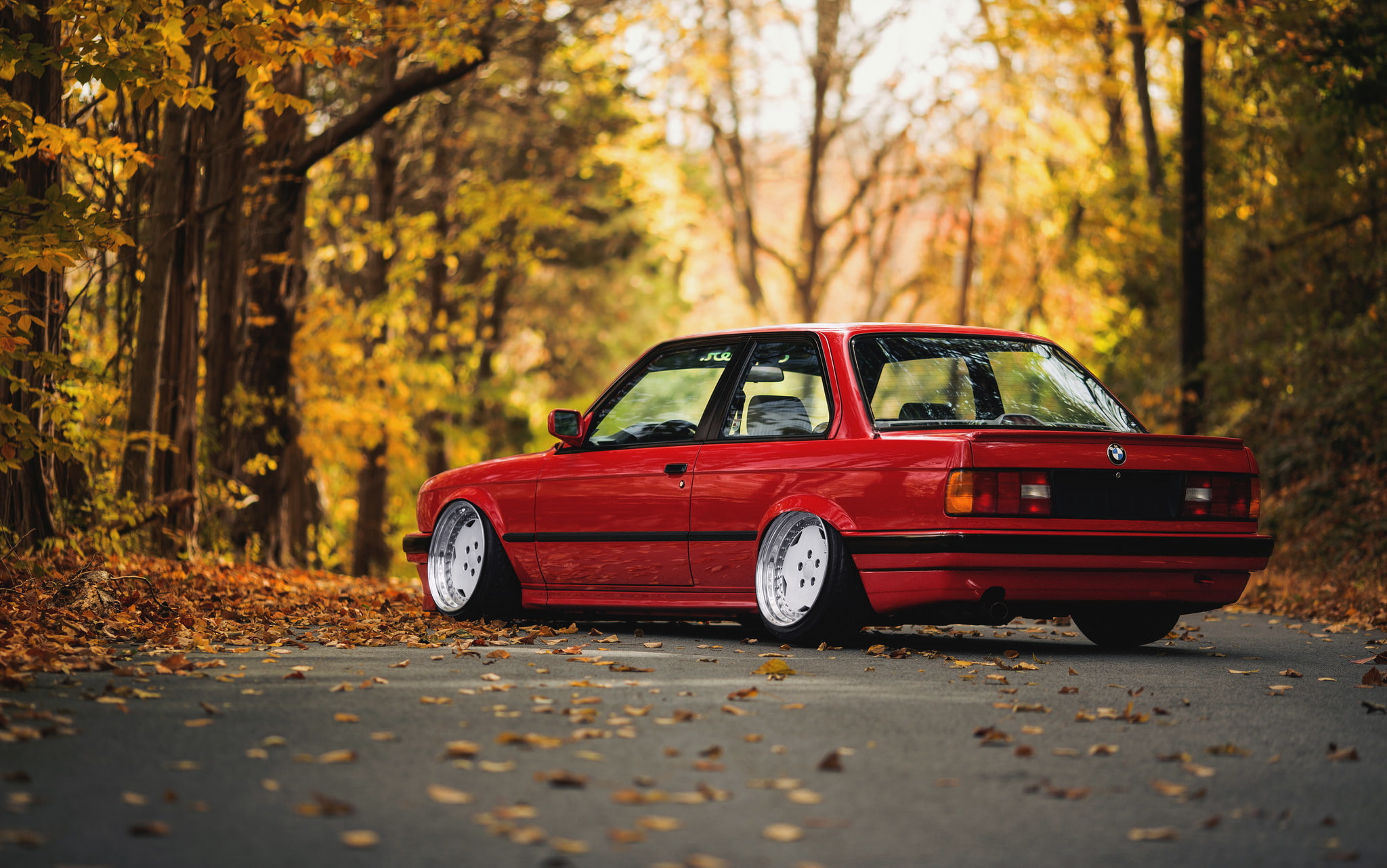 red, autumn, 1080P, forest, coupe, E30, leaves, BMW, road, HD Wallpaper