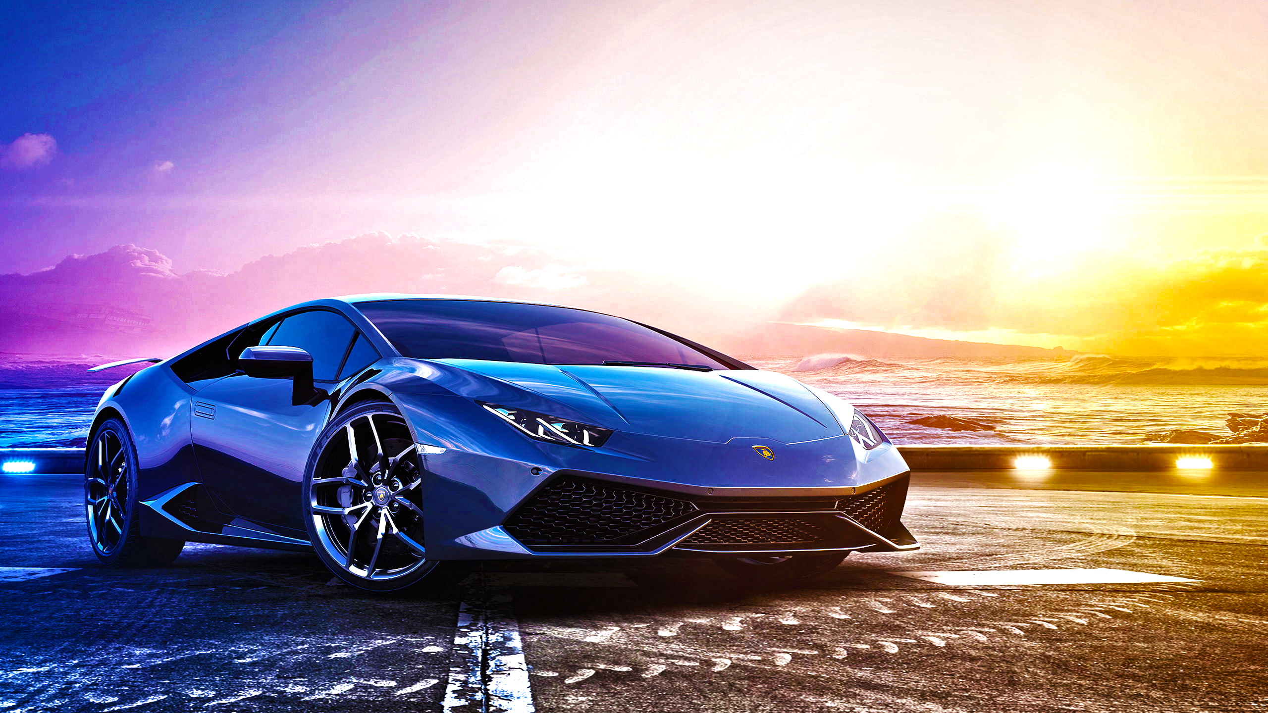 Lamborghini, filter, Lamborghini Huracan LP 610-4, sports car, sea, 2K, HD Wallpaper