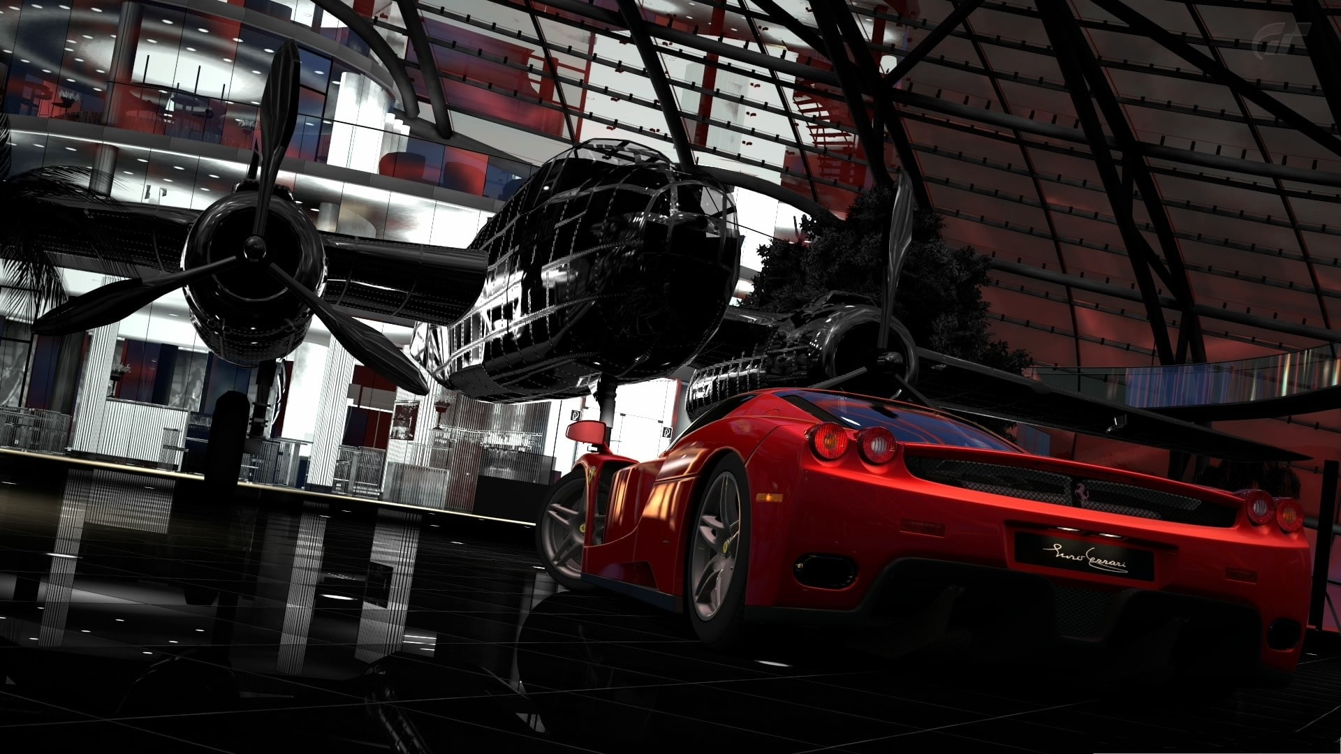red, no people, public transportation, vehicle, aircraft, Ferrari, rail transportation, city, outdoors, red cars, architecture, day, mode of transportation, HD Wallpaper