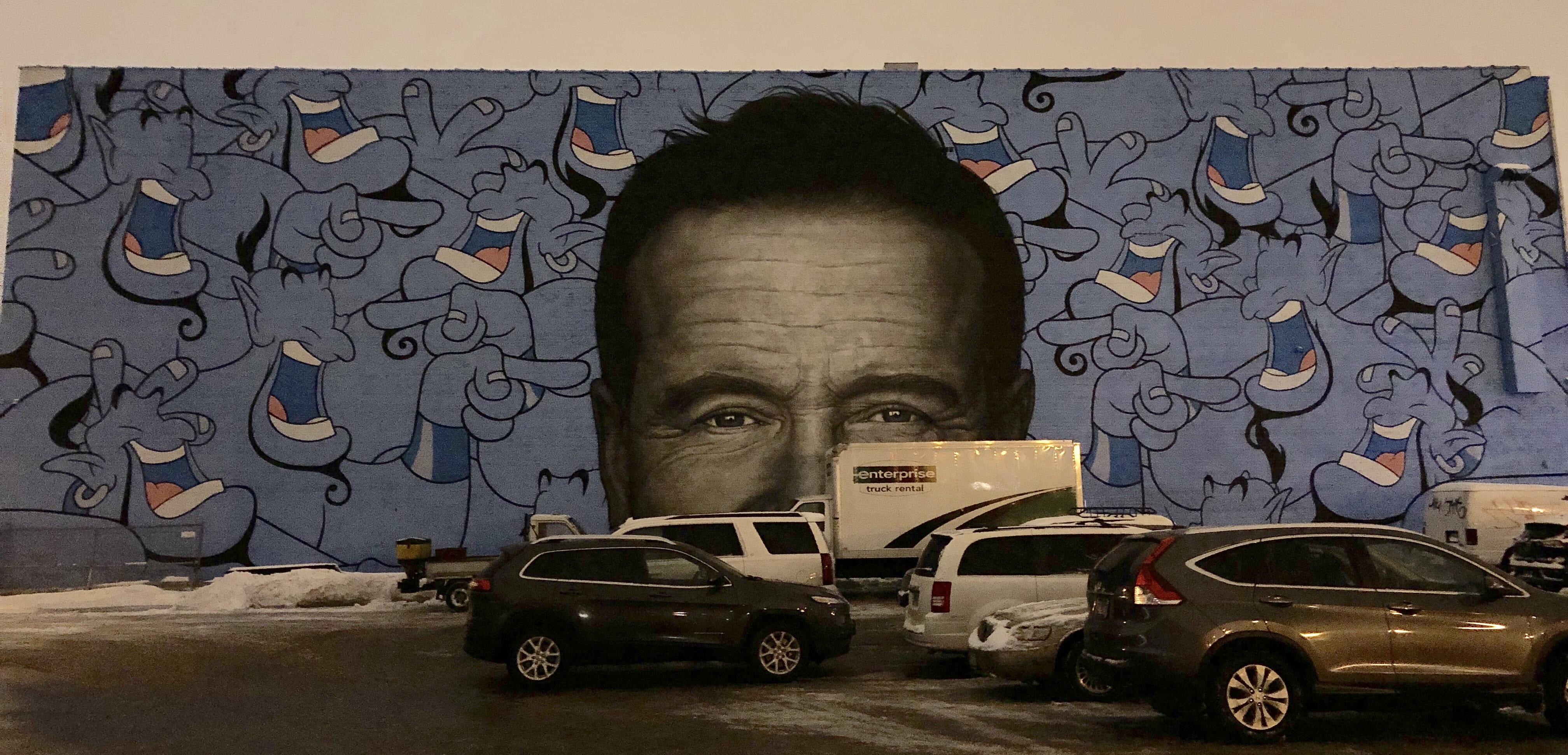painting, males, black, 2053 n milwaukee ave, front view, wheel, chicago, robin williams, parking lot, human face, transportation, parked, portrait, land vehicle, HD Wallpaper