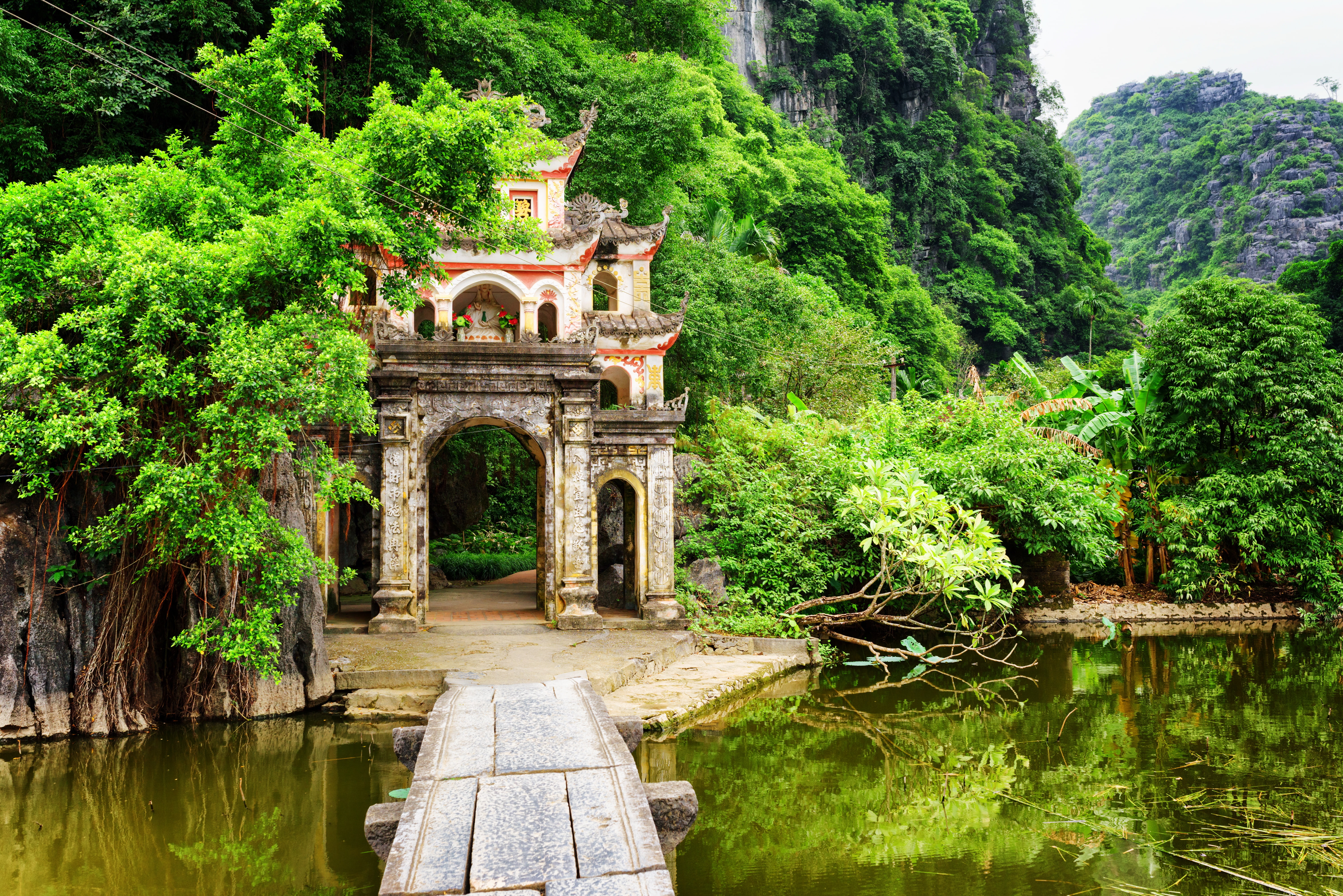 rocks, palm trees, Bich Dong Pagoda, Vietnam, arch, trees, jungle, the bushes, greens, Ninh Binh Province, 5K, mountains, lake, forest, HD Wallpaper