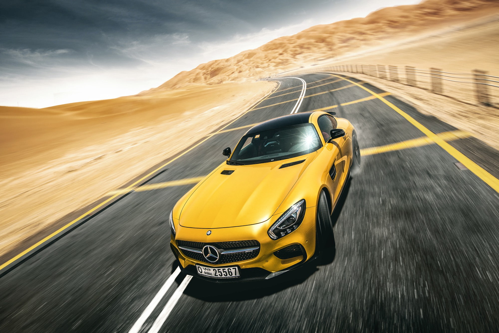 coupe, desert, Mercedes-Benz, Supercar, benz, AMG, Drifting, merceden, yellow, s, 1080P, GT S, front, gt, mercedes, road, HD Wallpaper