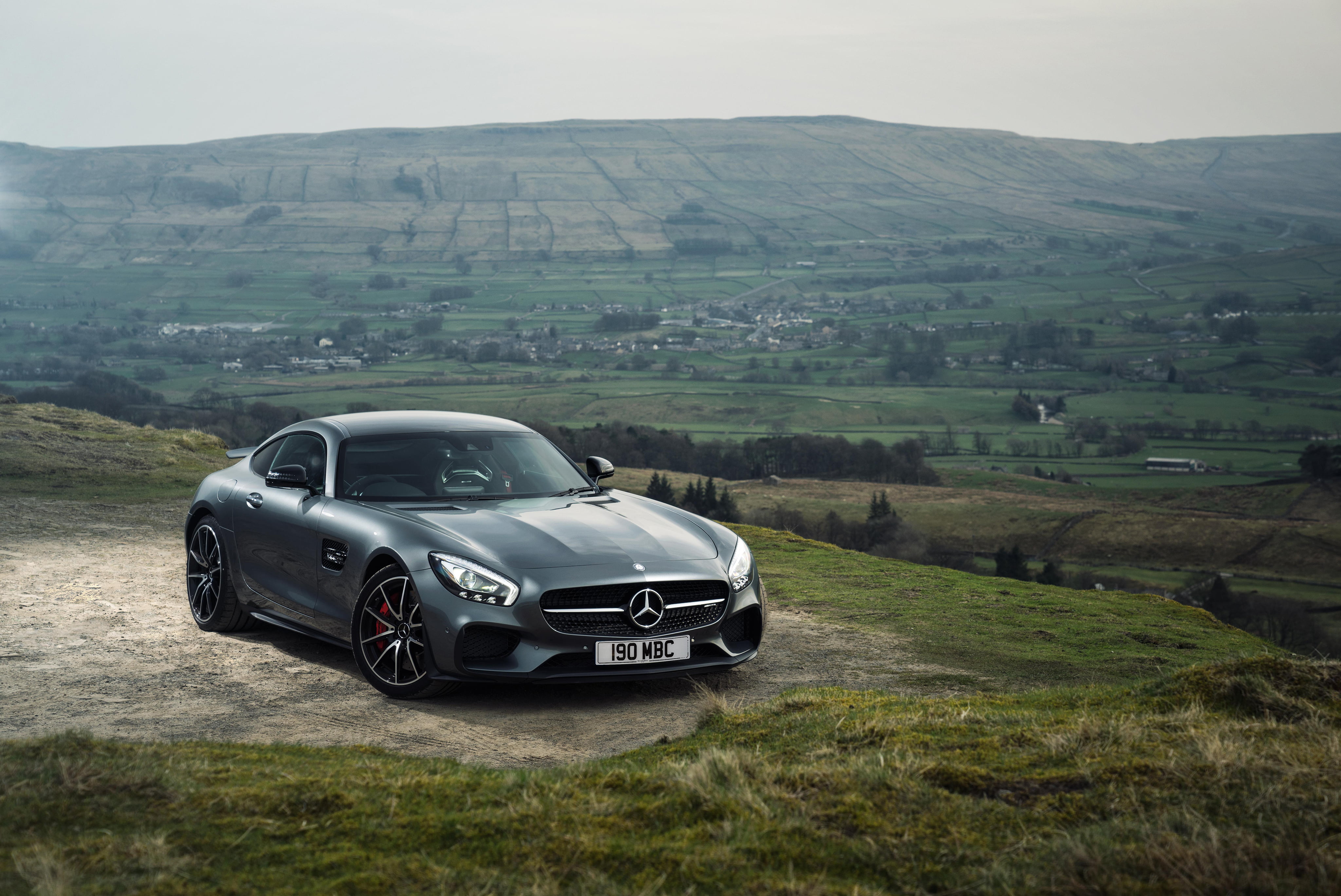 environment, grass, nature, sports Race, day, sports Car, front View, mercedes, coupe, mountain, 4K, non-urban scene, new, mode of Transport, landscape, HD Wallpaper