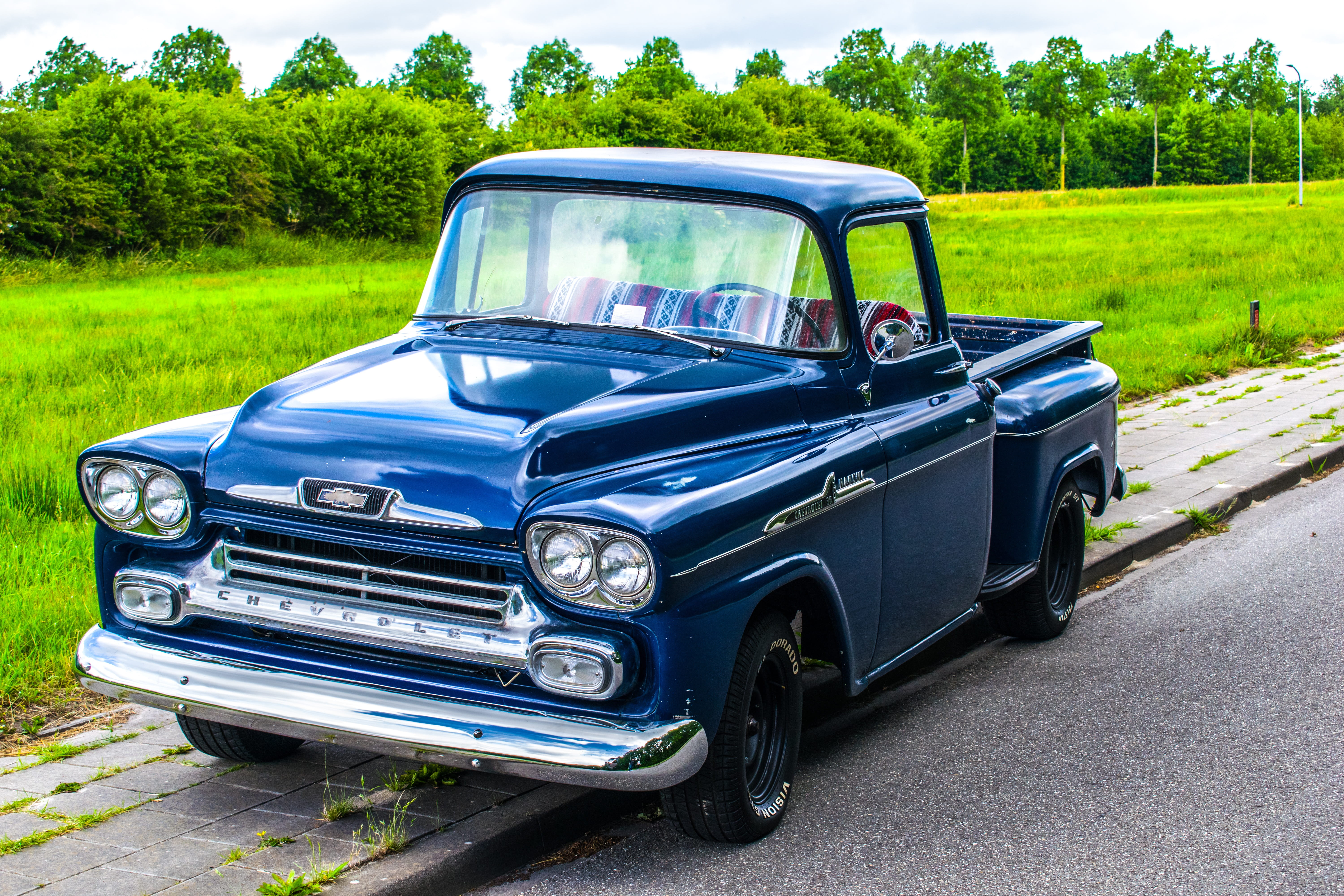 day, silver colored, field, Apache, 5K, chevrolet, blue, parking, road, nature, street, no people, retro styled, transportation, green color, daytime, HD Wallpaper