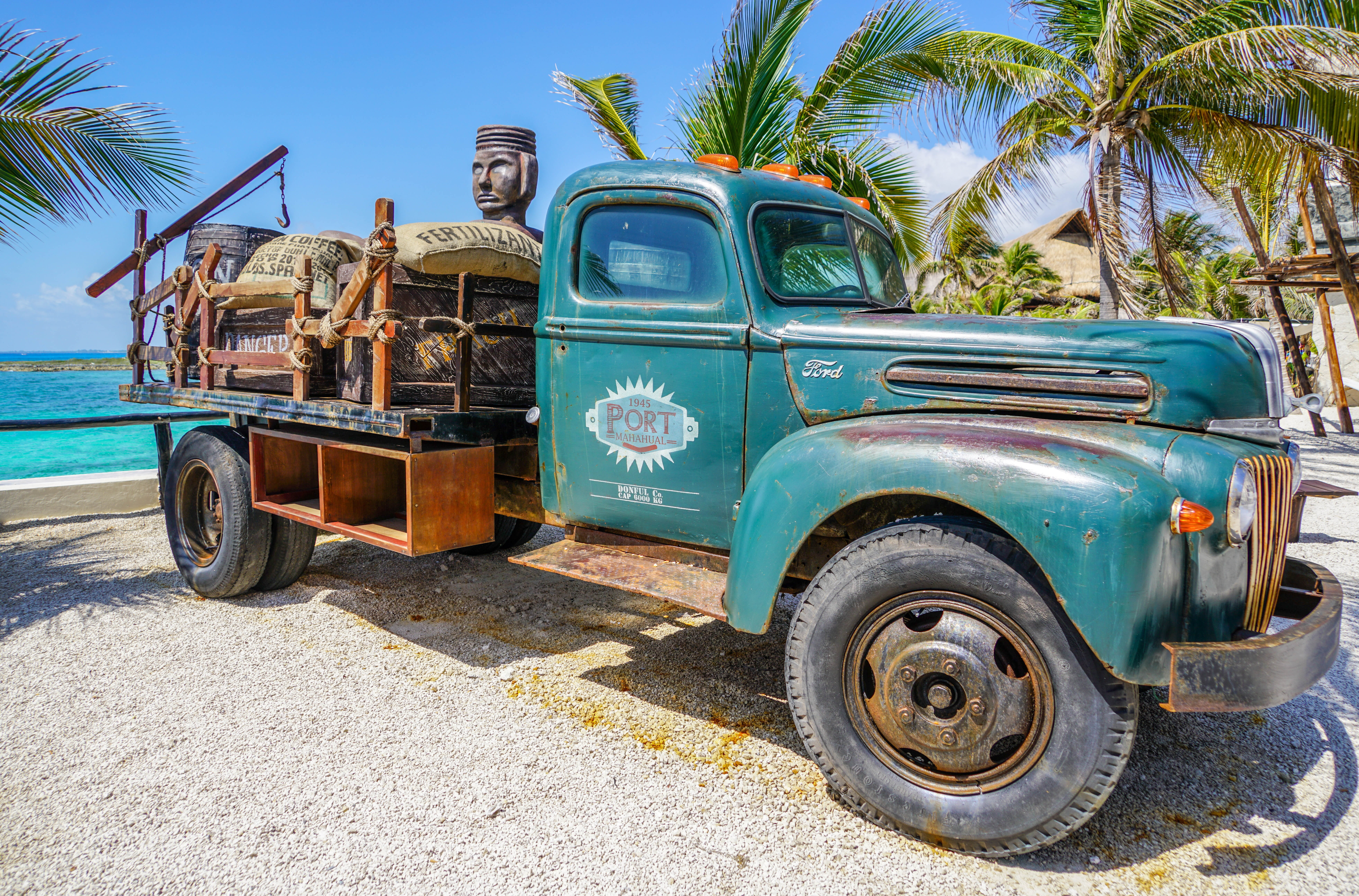 cab, blue, coconut palm tree, tropical climate, palm tree, mexico, classic, beach, cozumel, truck, day, vintage car, transportation, parked, mode of transportation, HD Wallpaper