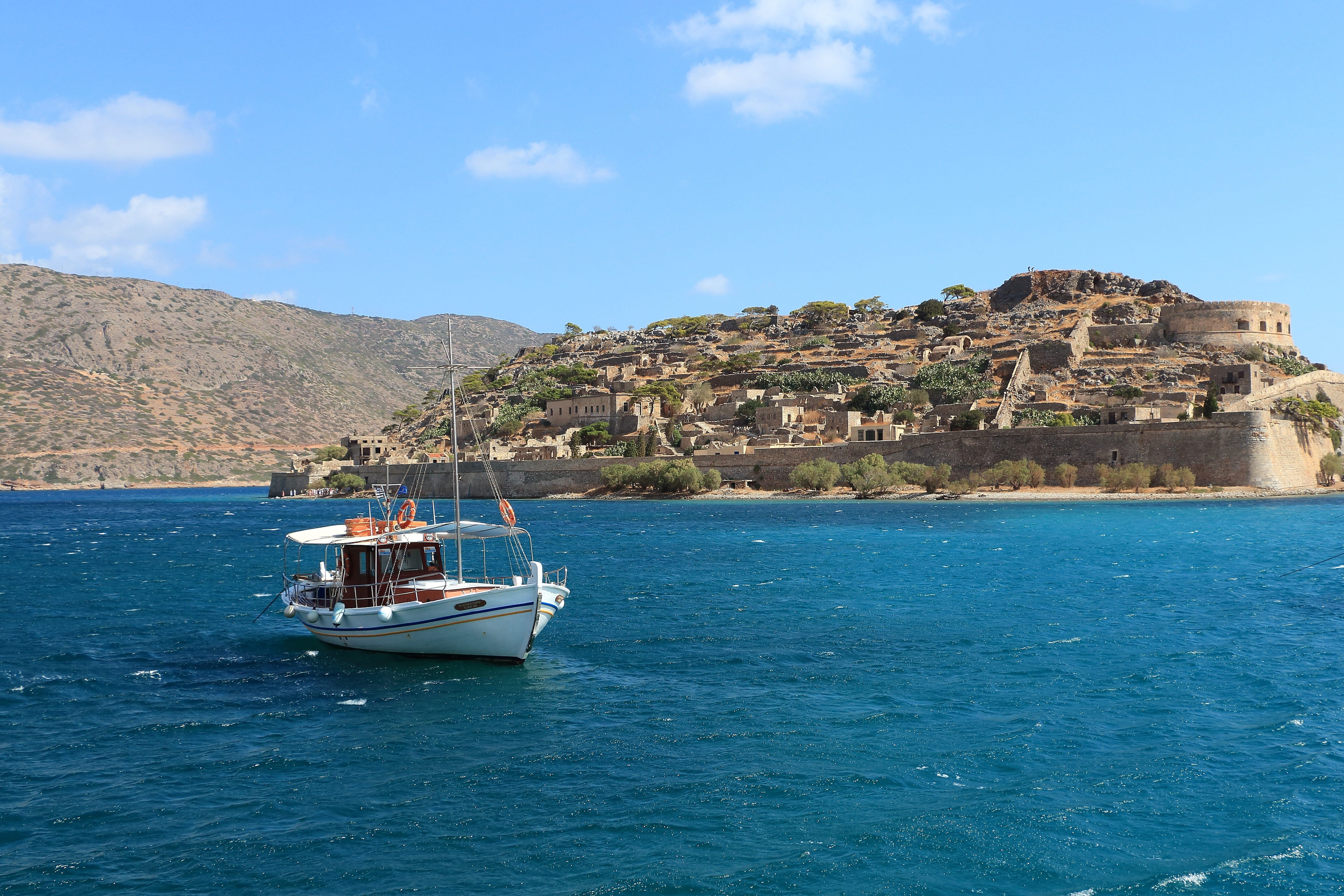 greece, crete, water, mountain, tranquil scene, nautical vessel, sailboat, sky, island, sea, 4K, outdoors, nature, leprosy island, land, waterfront, mode of transportation, HD Wallpaper